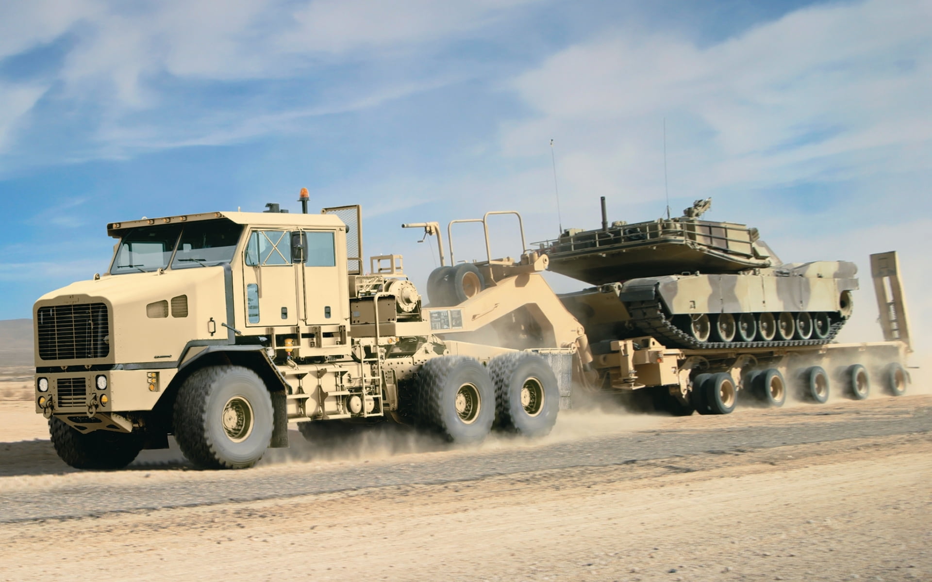 road, camouflage, cannon, military Land Vehicle, the sky, machinery, stationary, gun, nature, mode of Transport, M1070A1, HET, conflict, construction equipment, HD Wallpaper