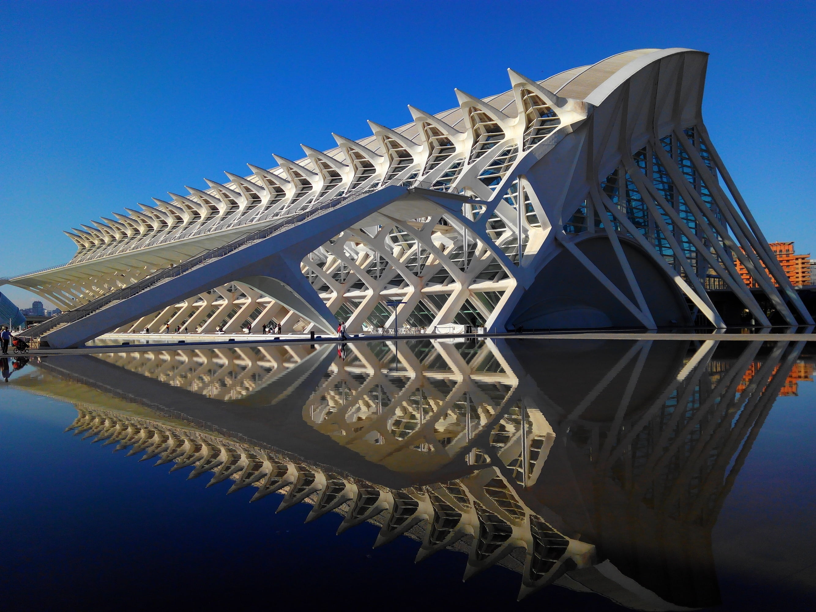 2K, nature, sport, blue, city, valencia, pattern, science museum, outdoors, modern, triangle shape, day, building exterior, metal, reflection, built structure, HD Wallpaper