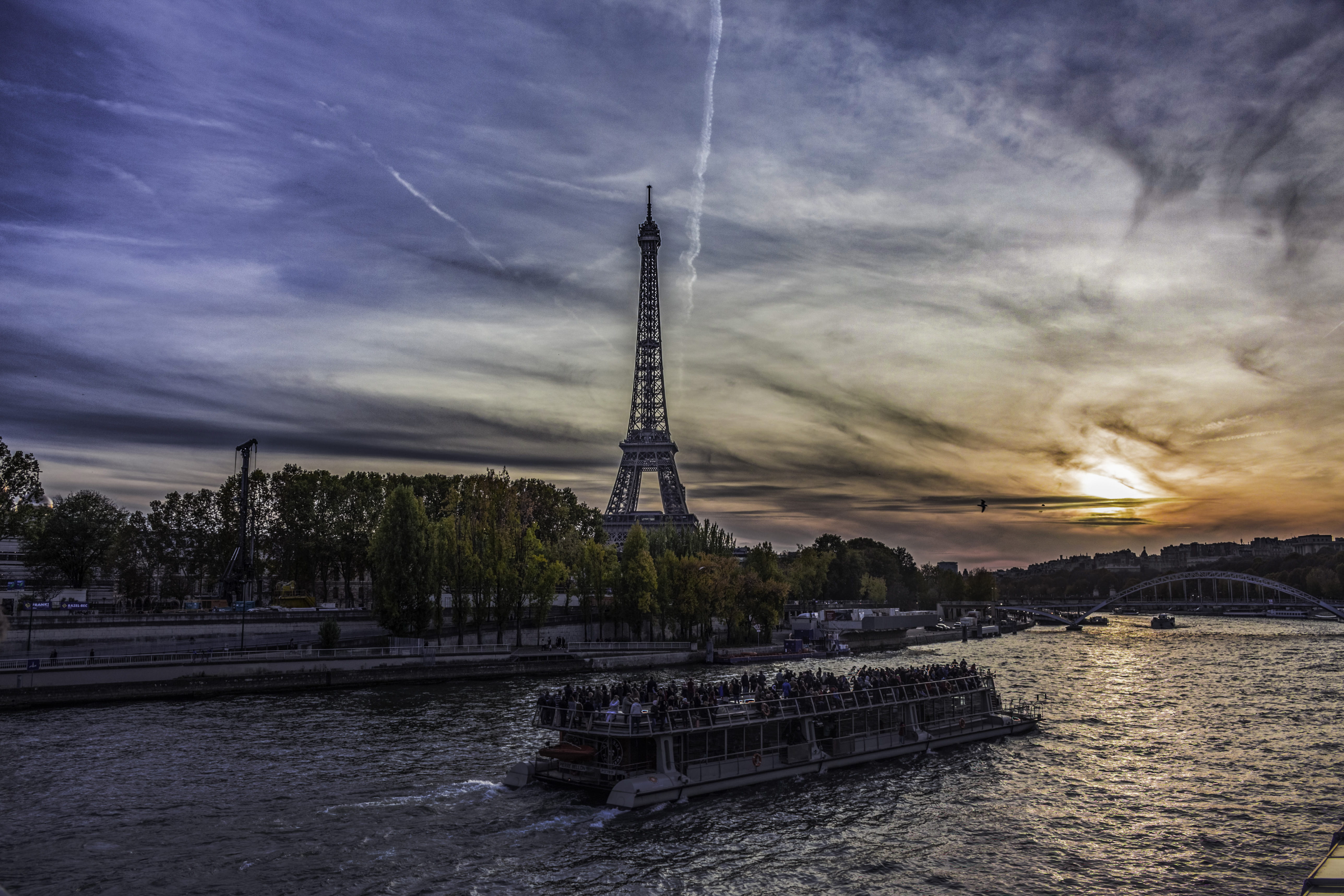 travel, boat, urban, sunset, couché de soleil, tour eiffel, seine, city, passenger craft, tower, eiffel, transportation, bridge, sailboat, no people, built structure, HD Wallpaper