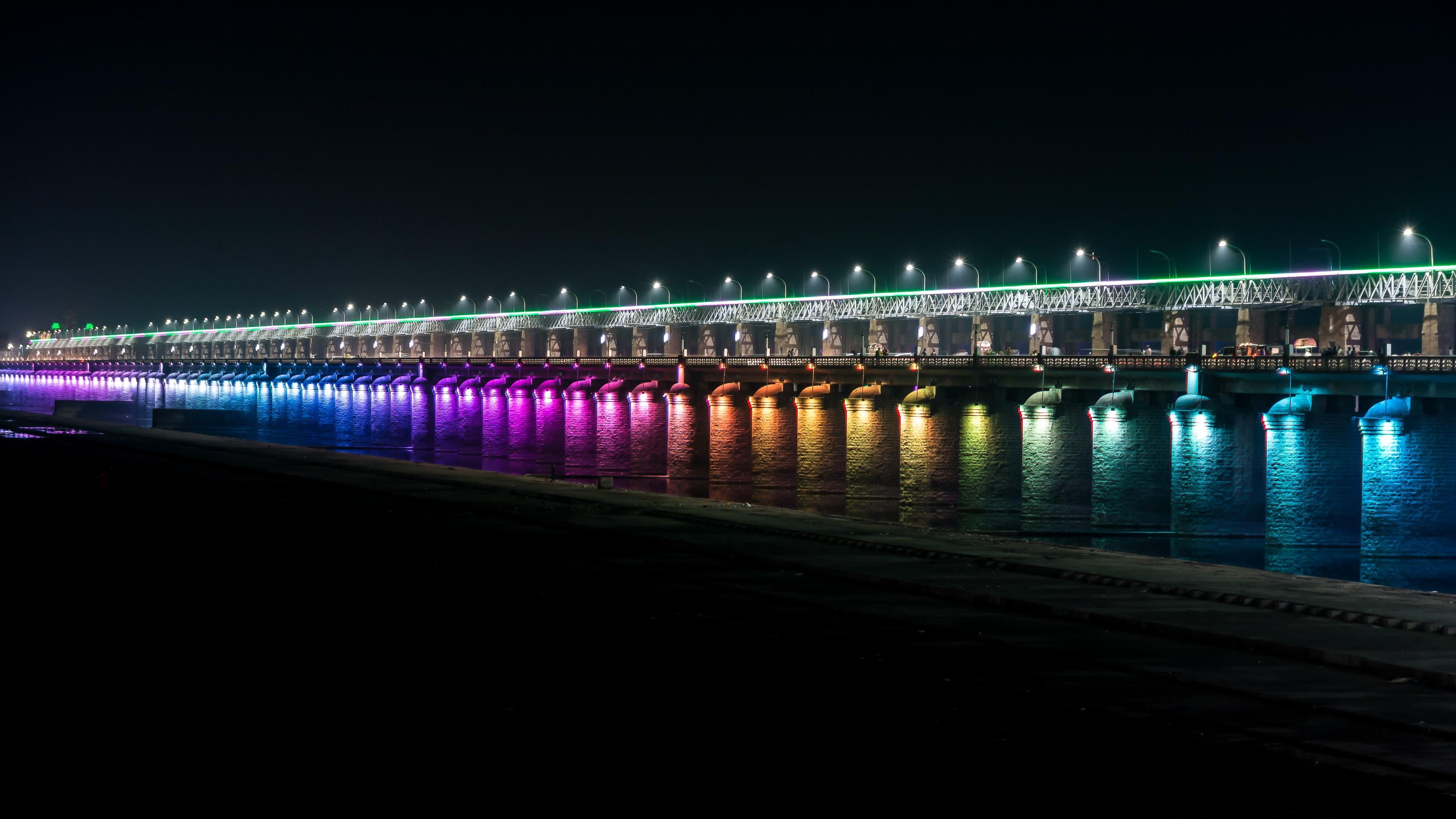 city, sky, krishna river, outdoors, built structure, connection, building exterior, copy space, water, nature, 4K, river, night, india, dark, illuminated, HD Wallpaper
