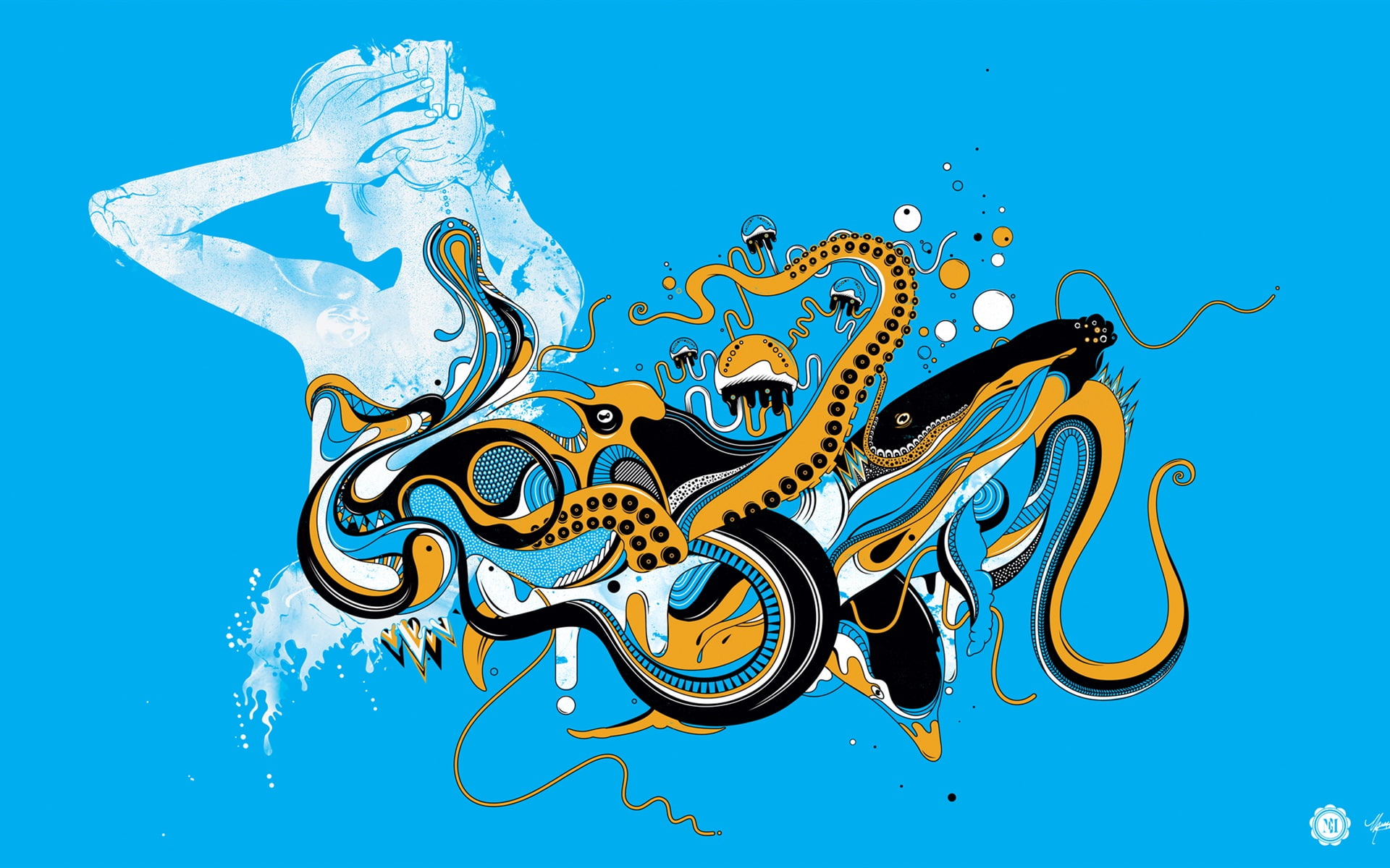 1080P, Design, abstract, art, Vector, Background, Girl, yellow, black, Octopus, Blue, HD Wallpaper