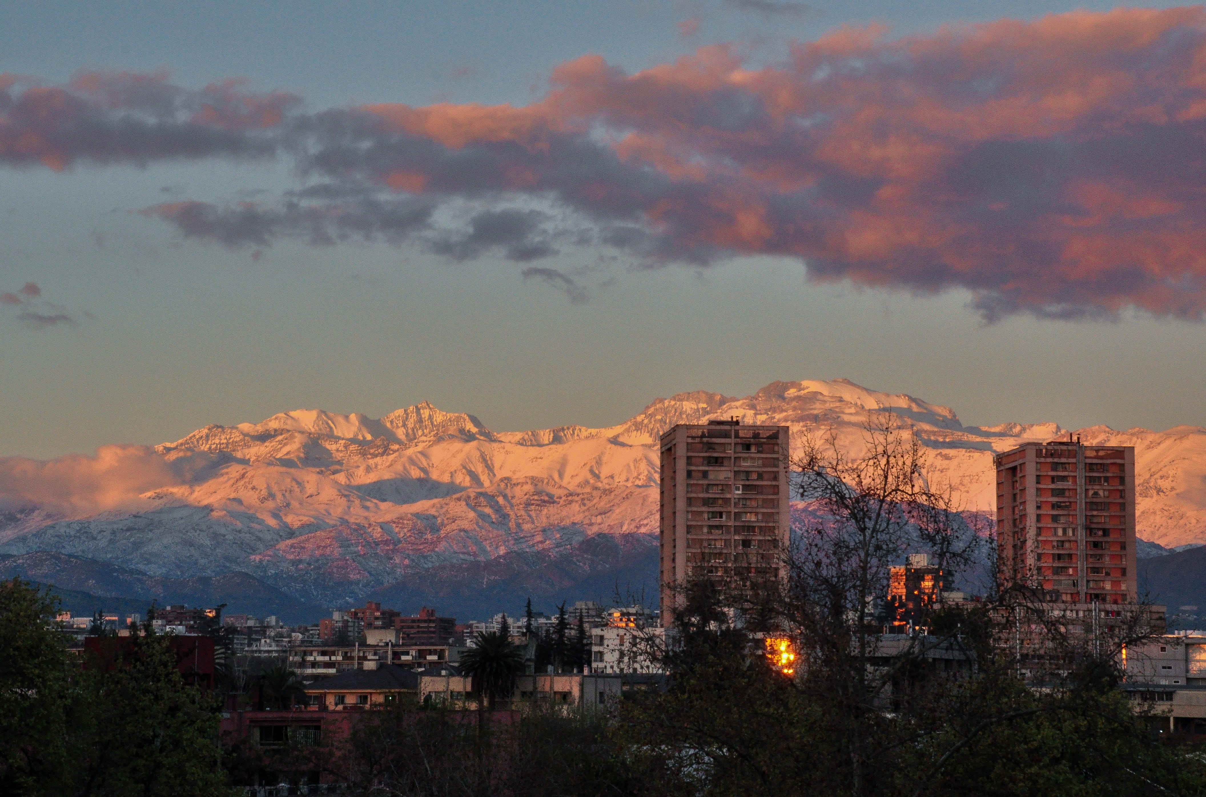 4K, building exterior, twilight glow, Snowy Mountains, cityscape, white, santiago de chile, City, illuminated, plant, landscape, Chile, building, outdoors, HD Wallpaper