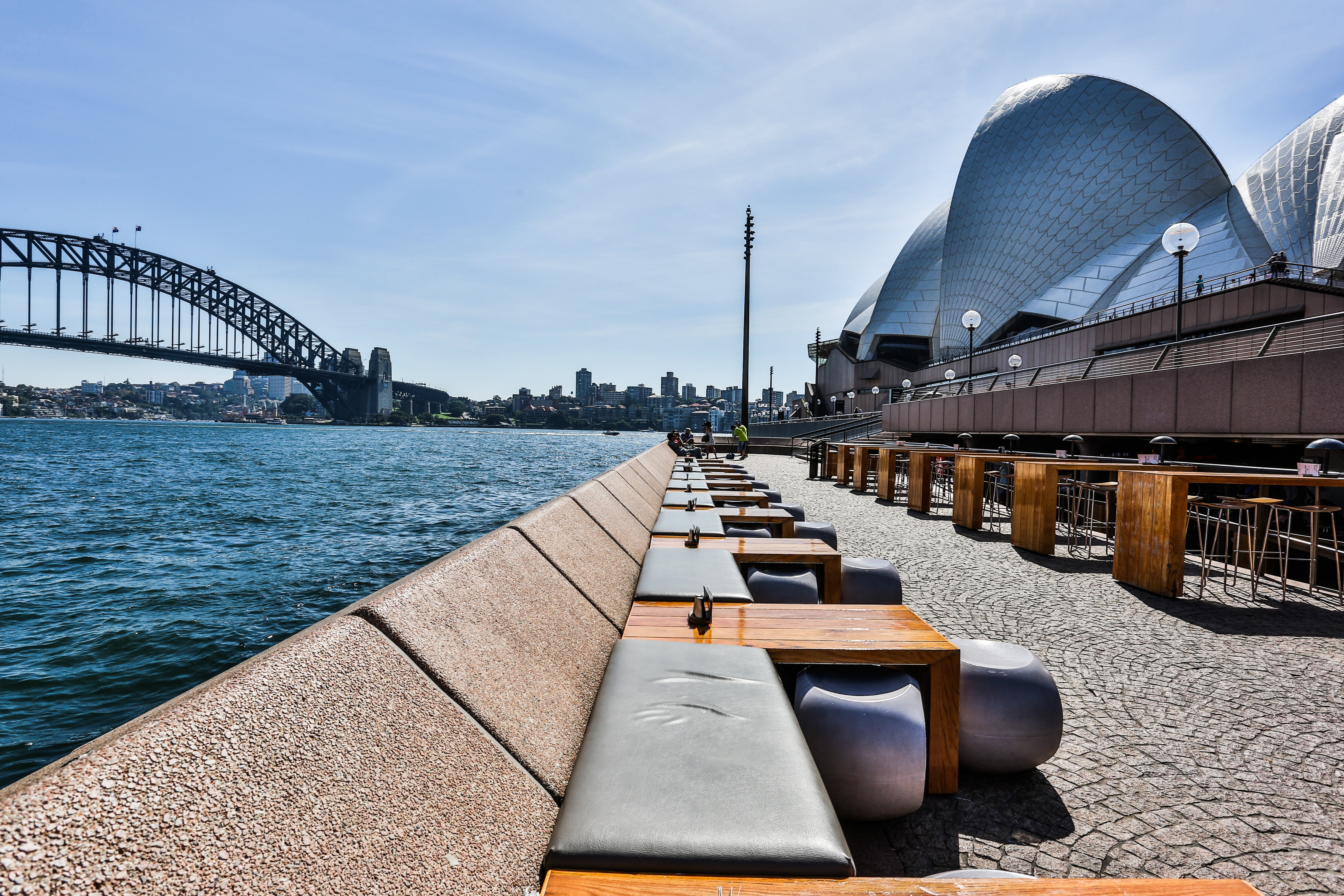 day, seashore, bridge - man made structure, modern, architecture, 5K, building exterior, blue day, views, water, connection, daytime, no people, skyscraper, HD Wallpaper