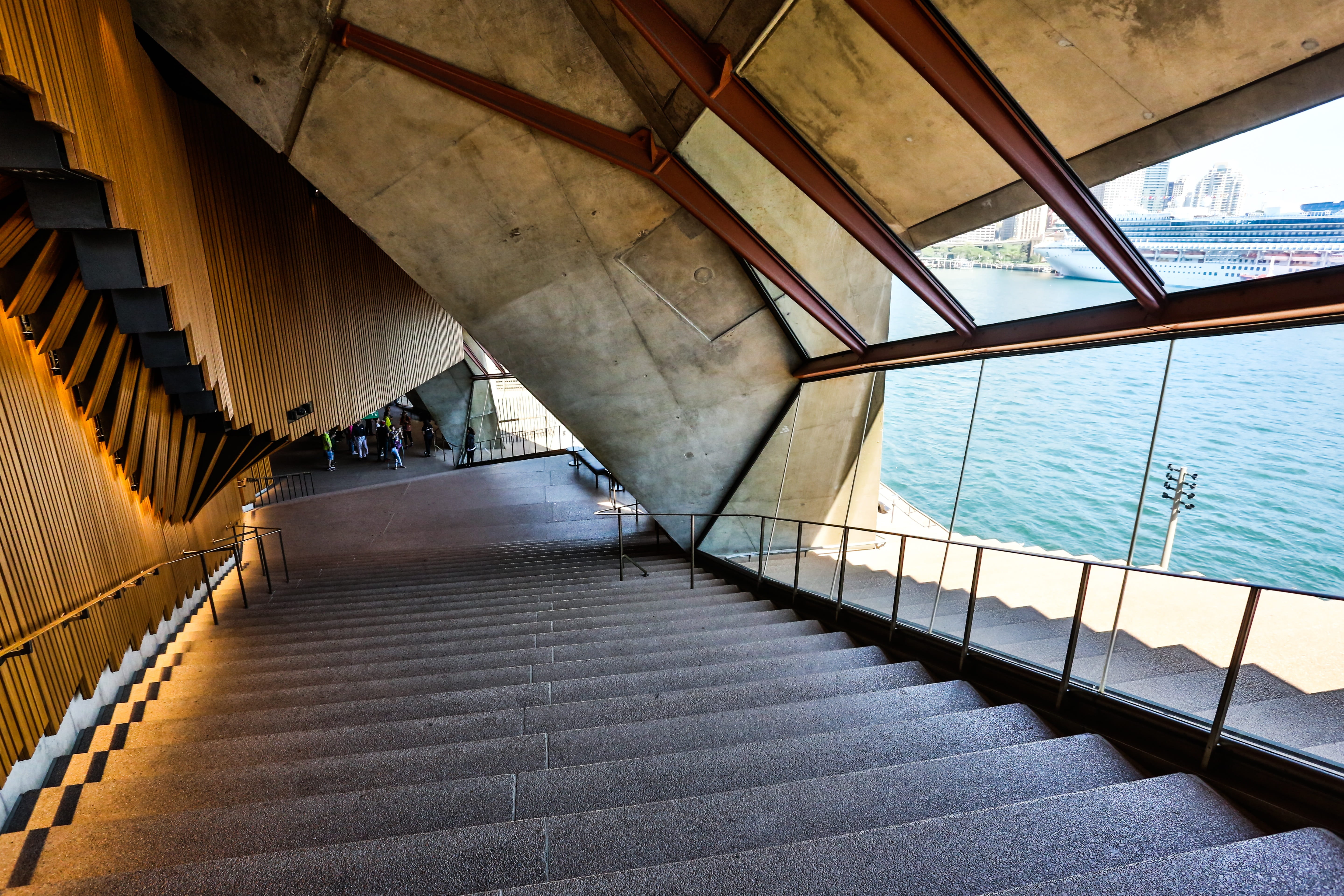 sydney, empty, baiyun, building, the way forward, architecture, indoors, views, day, staircase, opera, ceiling, blue day, 5K, steps and staircases, architectural column, HD Wallpaper