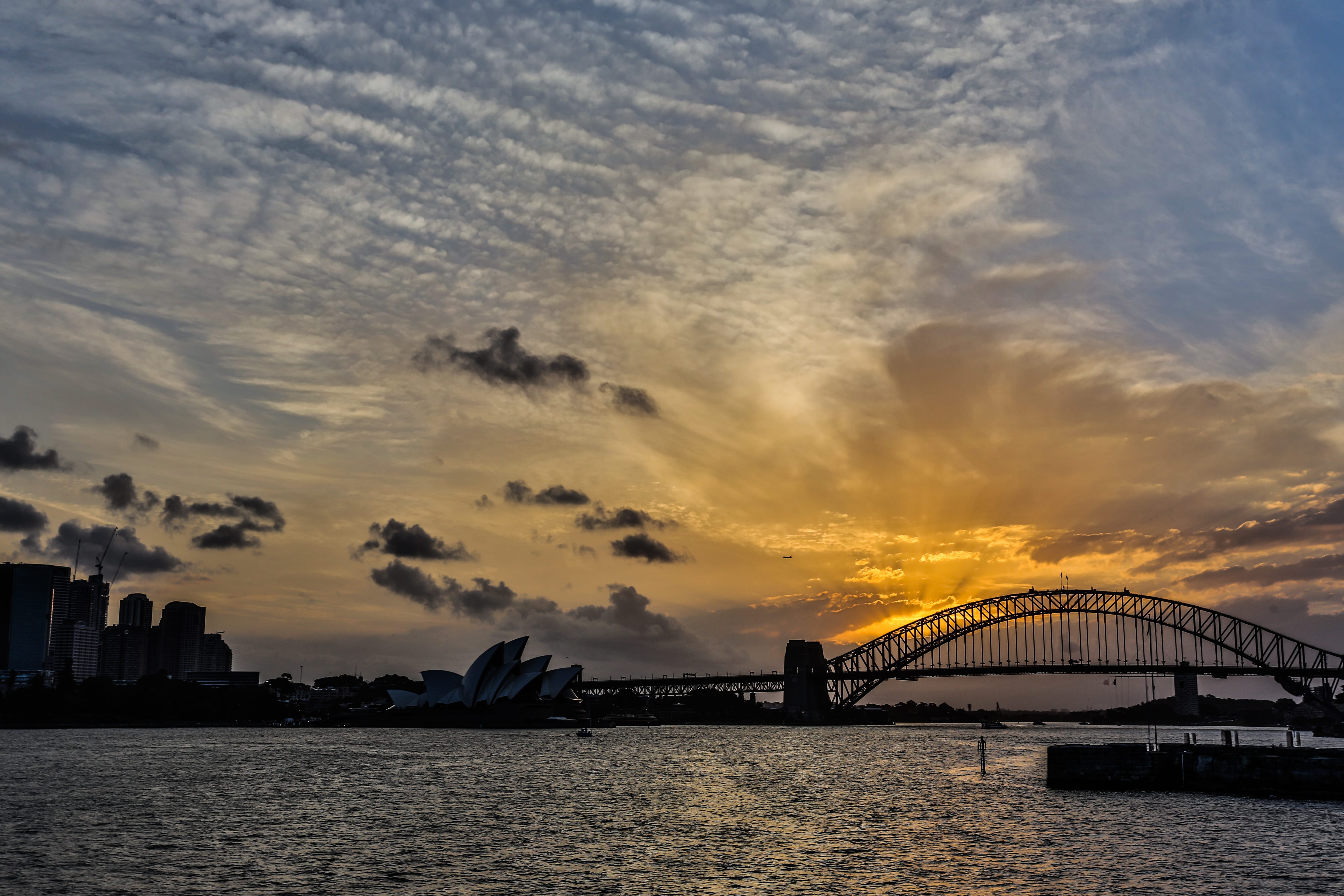 waterfront, sydney Harbor Bridge, water, sea, famous Place, connection, baiyun, blue, landscape, office building exterior, cityscape, dusk, outdoors, bridge, HD Wallpaper