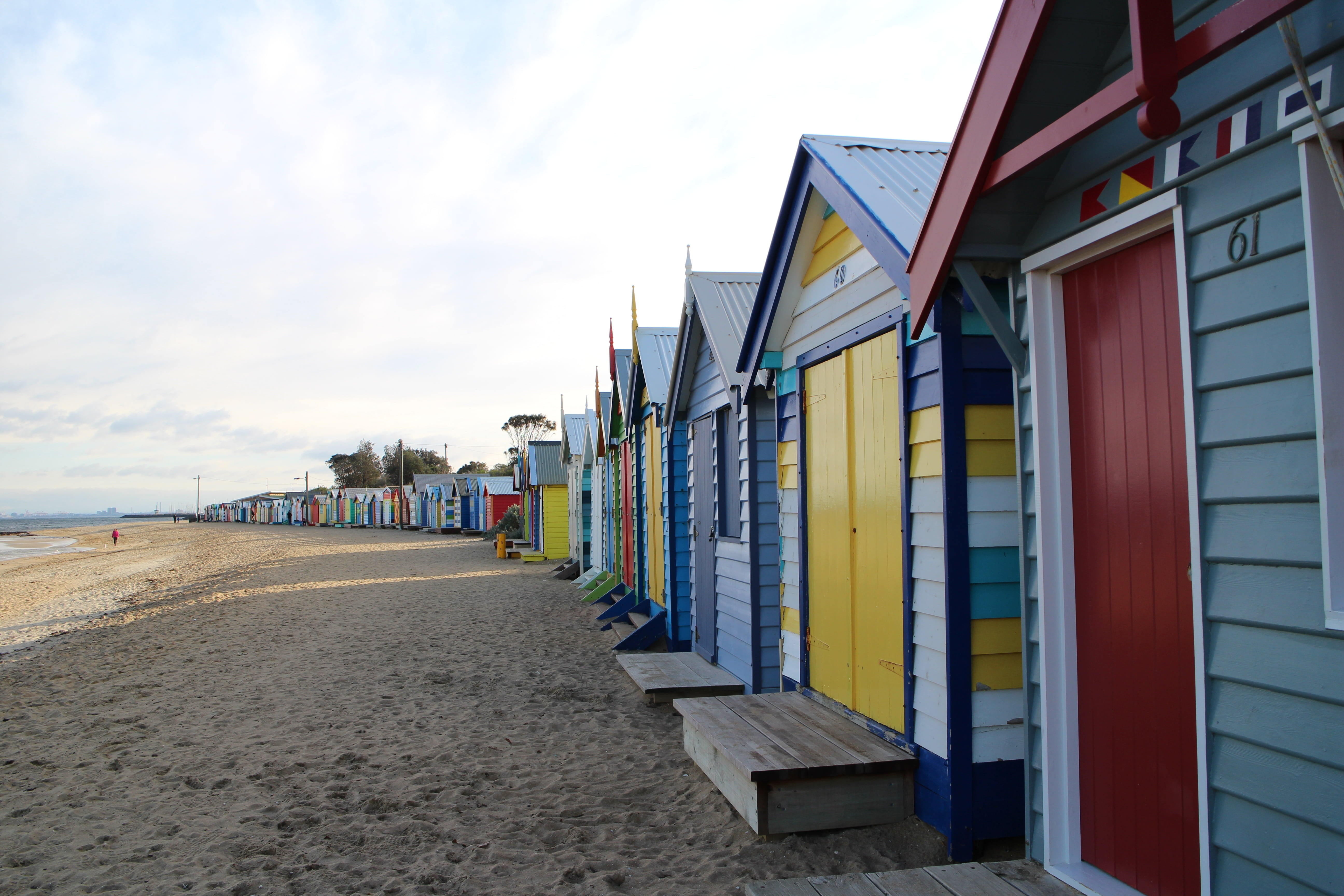 beach hut, melbourne, sand, sky, 5K, the way forward, building exterior, hut, beach, outdoors, multi colored, land, rent, cloud - sky, built structure, HD Wallpaper