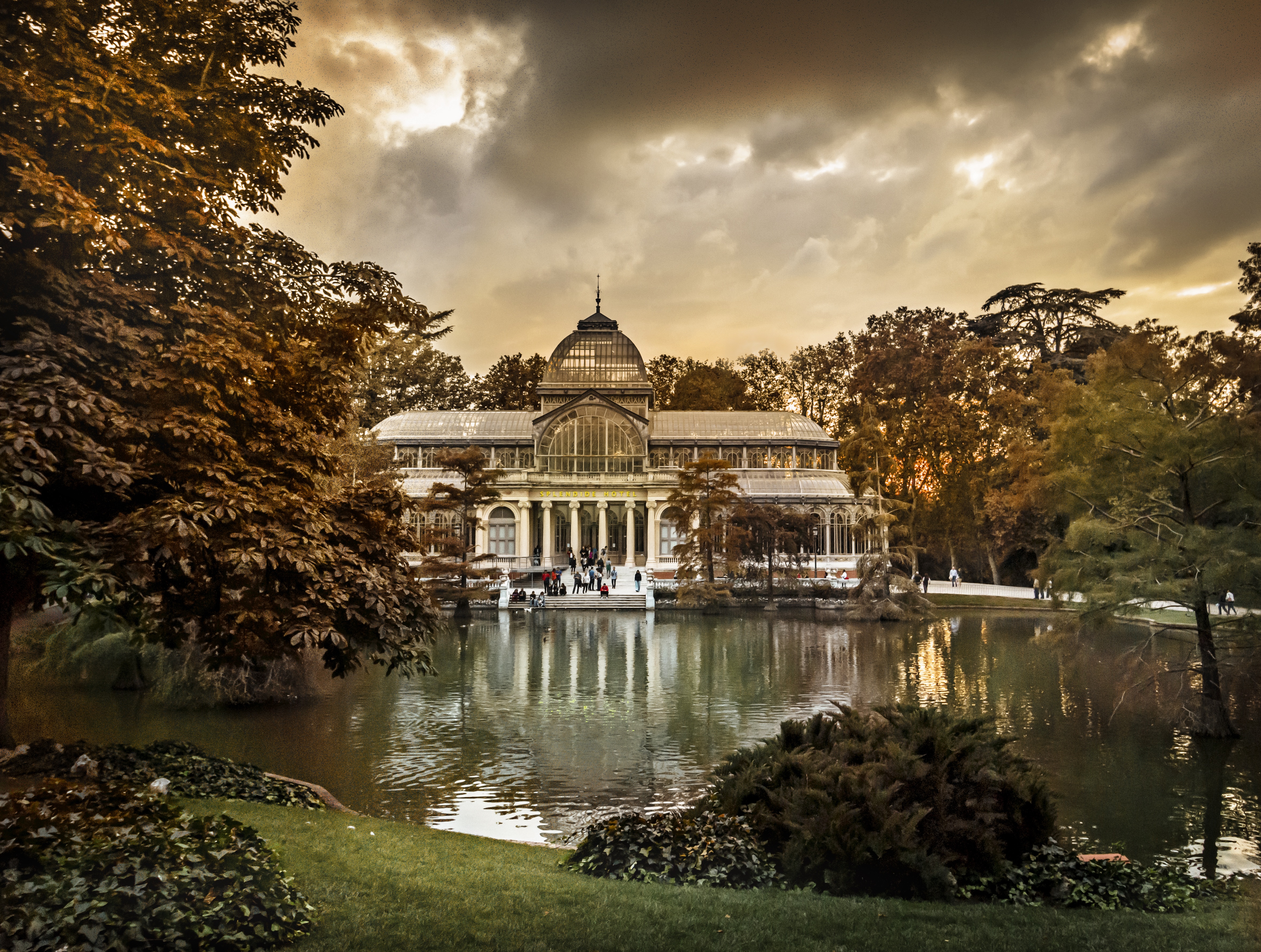 crystal palace, plant, famous Place, cloudy, madrid, parque del retiro, travel destinations, tree, water, belief, reflection, white, architecture, outdoors, HD Wallpaper