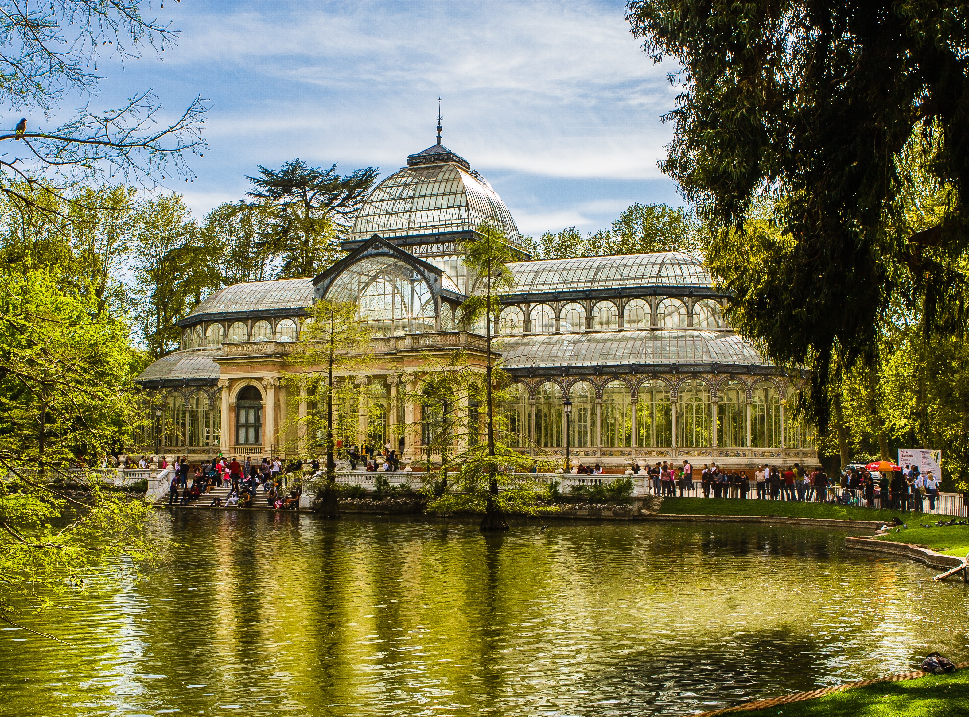 sky, garden, travel destinations, madrid, capital, travel, lake, group of people, monumental, crowd, nature, water, built structure, waterfront, crystal palace, HD Wallpaper