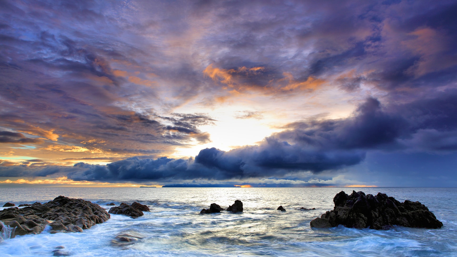 land, storm, water, cloudscape, landscape, outdoors, covered, dramatic sky, body, rock - object, horizon over water, beach, 1080P, beauty in nature, horizon, HD Wallpaper