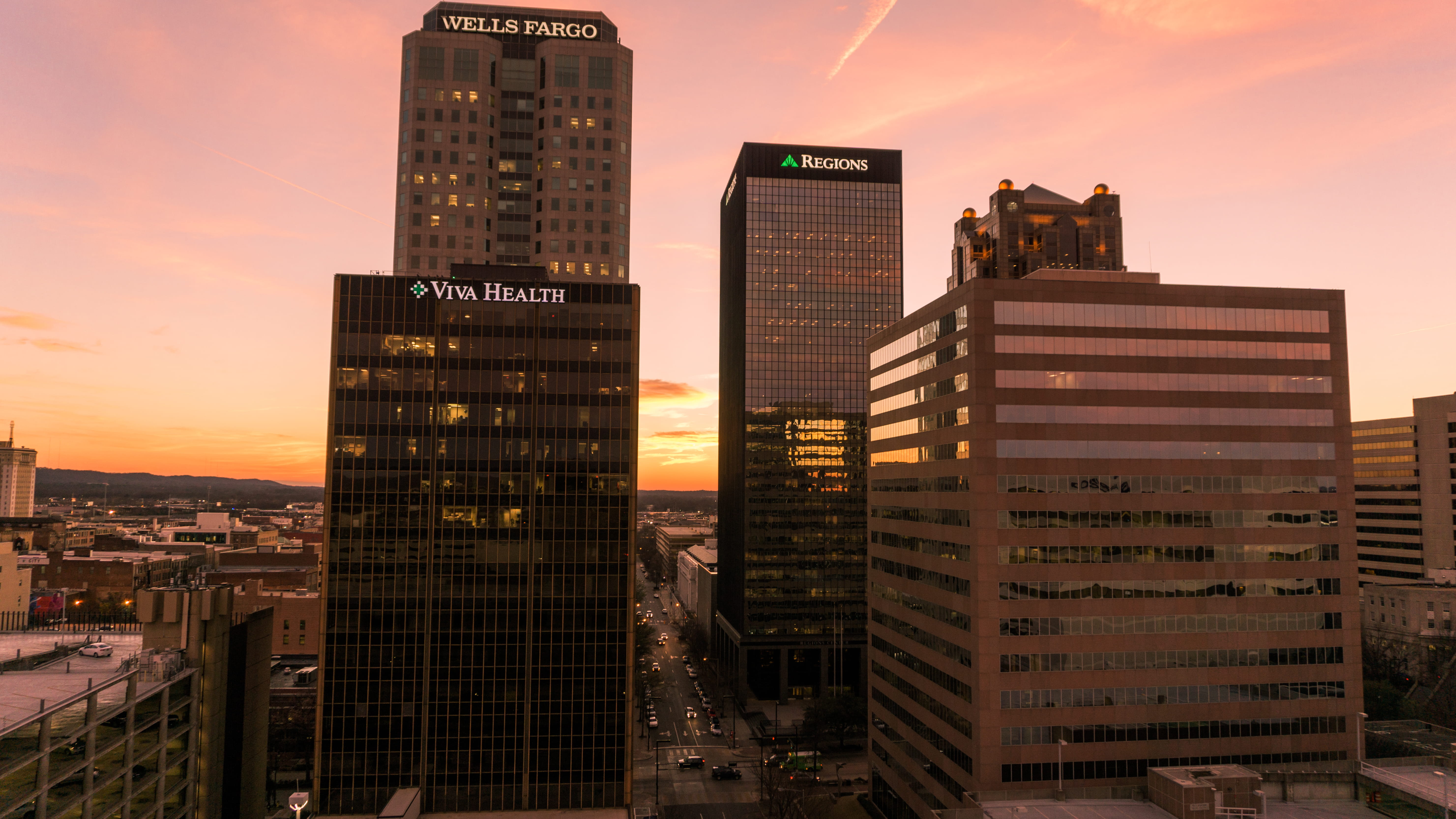 5K, skyscraper, downtown district, tall - high, buildings, bar rooftop, building exterior, cityscape, building, dawn, cloud - sky, us, modern, birmingham, HD Wallpaper