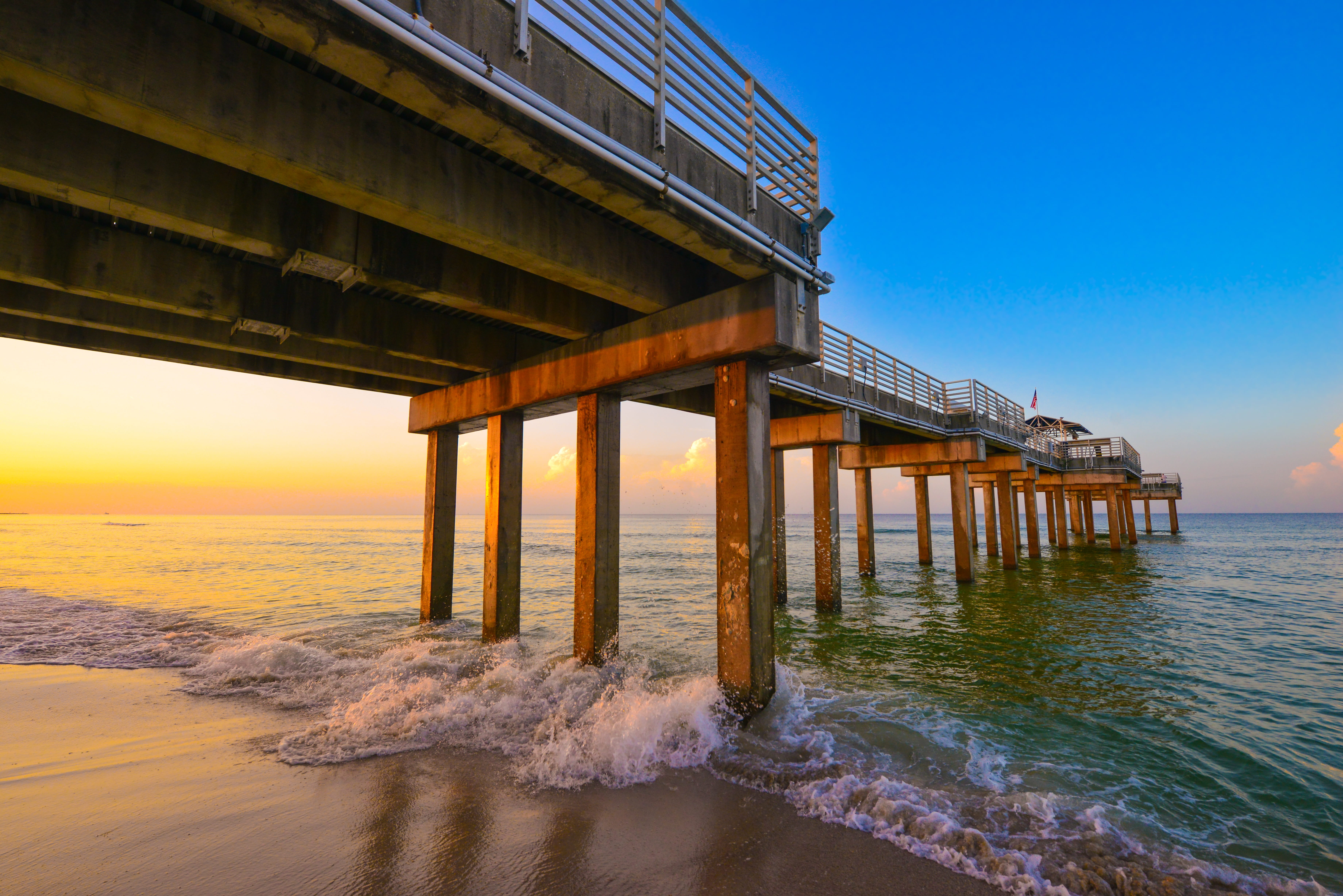 sunset, horizon over water, no people, gulf shores, 5K, horizon, orange beach, alabama, scenics - nature, nature, bridge, architecture, architectural column, HD Wallpaper
