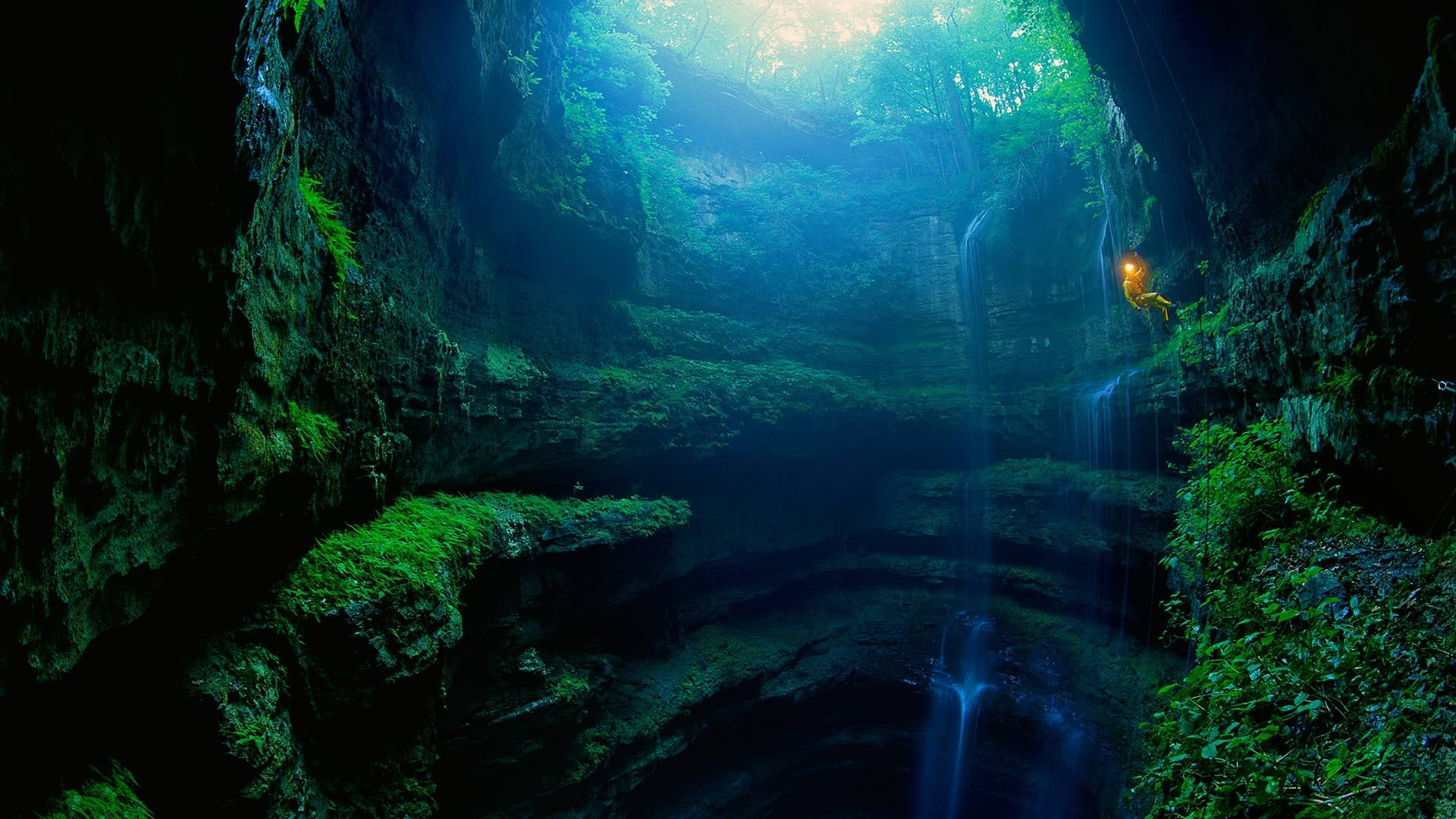 sunlight, plants, men, Alabama, moss, fisheye lens, ropes, trees, 1080P, USA, rock climbing, cave, nature, lights, waterfall, rock, HD Wallpaper