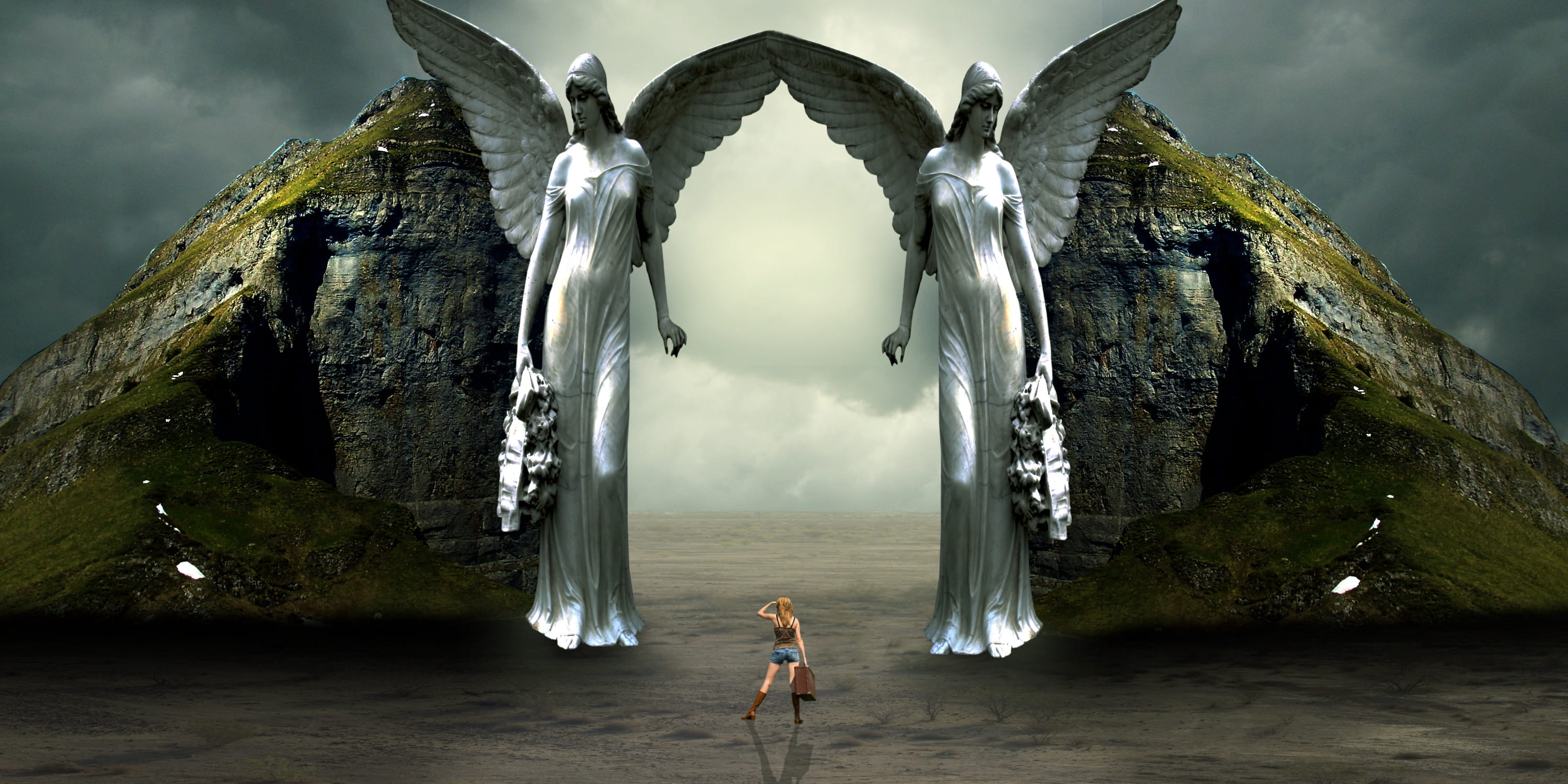 sea, adult, poster, water, game, land, women, solid, gates, standing, travel destinations, heaven, angels, full length, rock, fantasy, sky, 2K, rock - object, HD Wallpaper