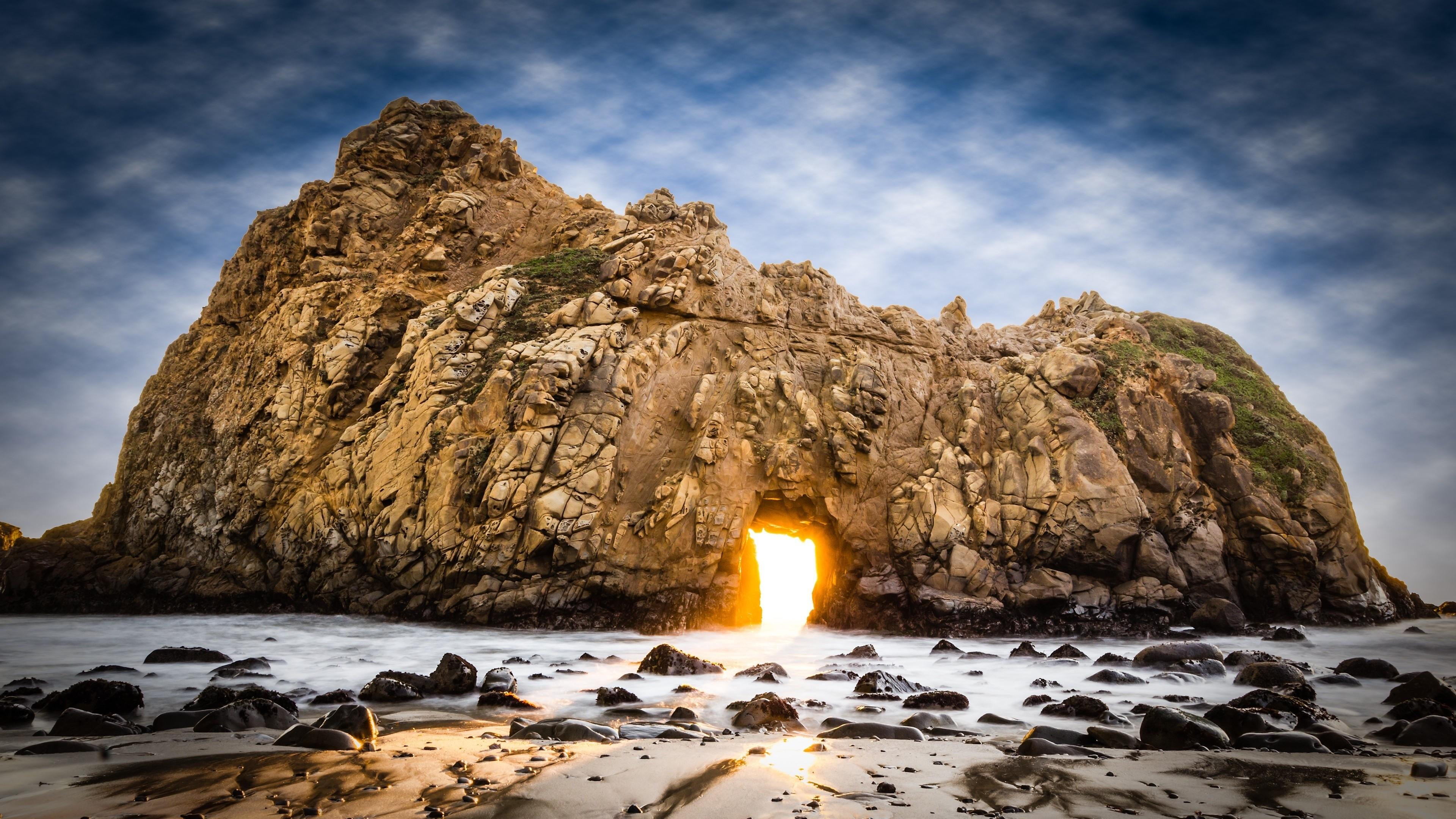 beauty in nature, arch, geology, rock, 4K, solid, outdoors, heaven, beach, rock - object, scenics - nature, land, cloud - sky, sea, sky, usa, idyllic, HD Wallpaper