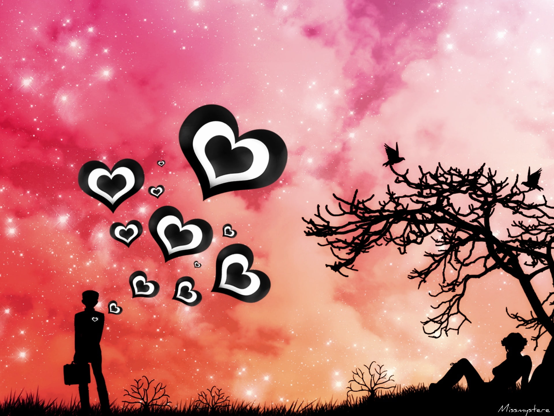 Love, bare, tree, 1080P, Expectations, hearts, illustration, woman, silhouette, man, HD Wallpaper