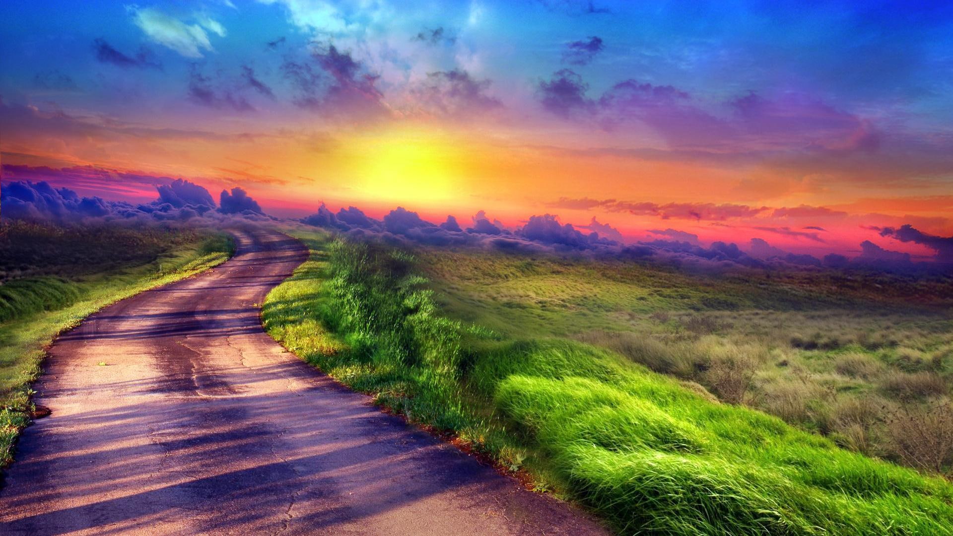 multicolor, path, horizon, picture, photoshop, magenta, 1080P, widescreen, nice, sunset, clouds, road, pretty, HD Wallpaper