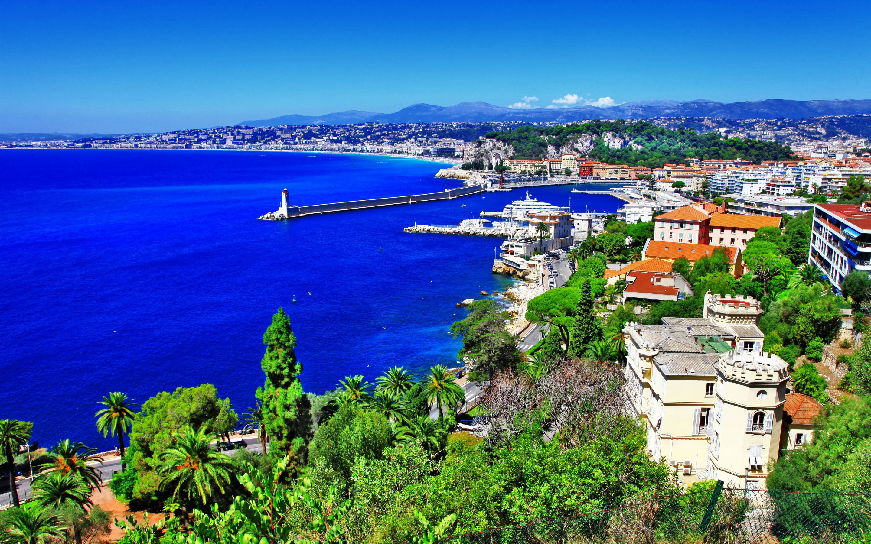 palm trees, landscape, sea, Nice, lighthouse, green, panorama, France, stones, coast, 2K, mountains, trees, houses, rock, HD Wallpaper