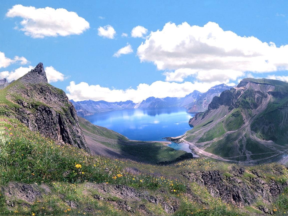 mountains, flowers, 480P, clouds, DPRK, North Korea, lake, water, HD Wallpaper