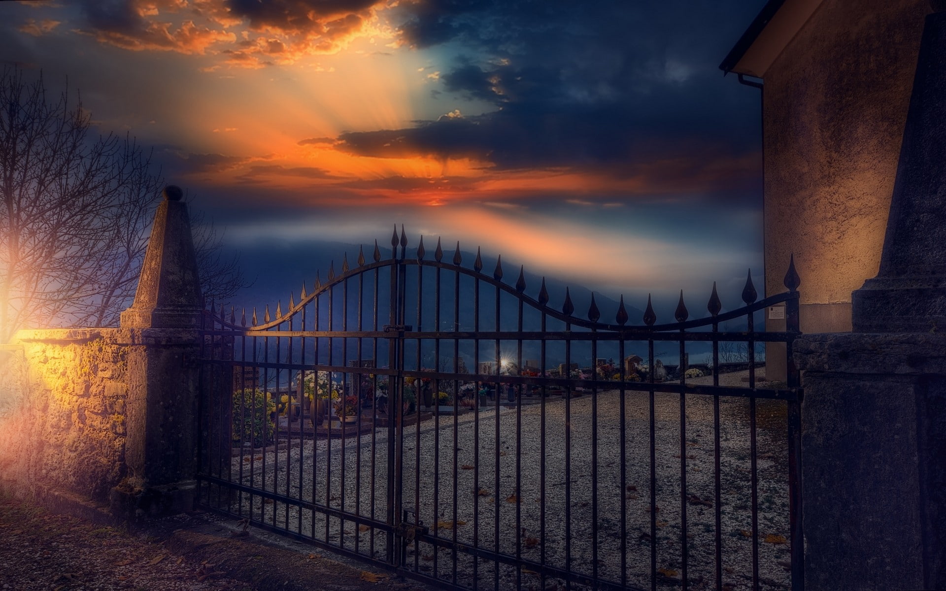 building, railing, fence, outdoors, landscape, city, bridge, closed, gates, architecture, no people, connection, lights, orange color, sun rays, sunset, HD Wallpaper