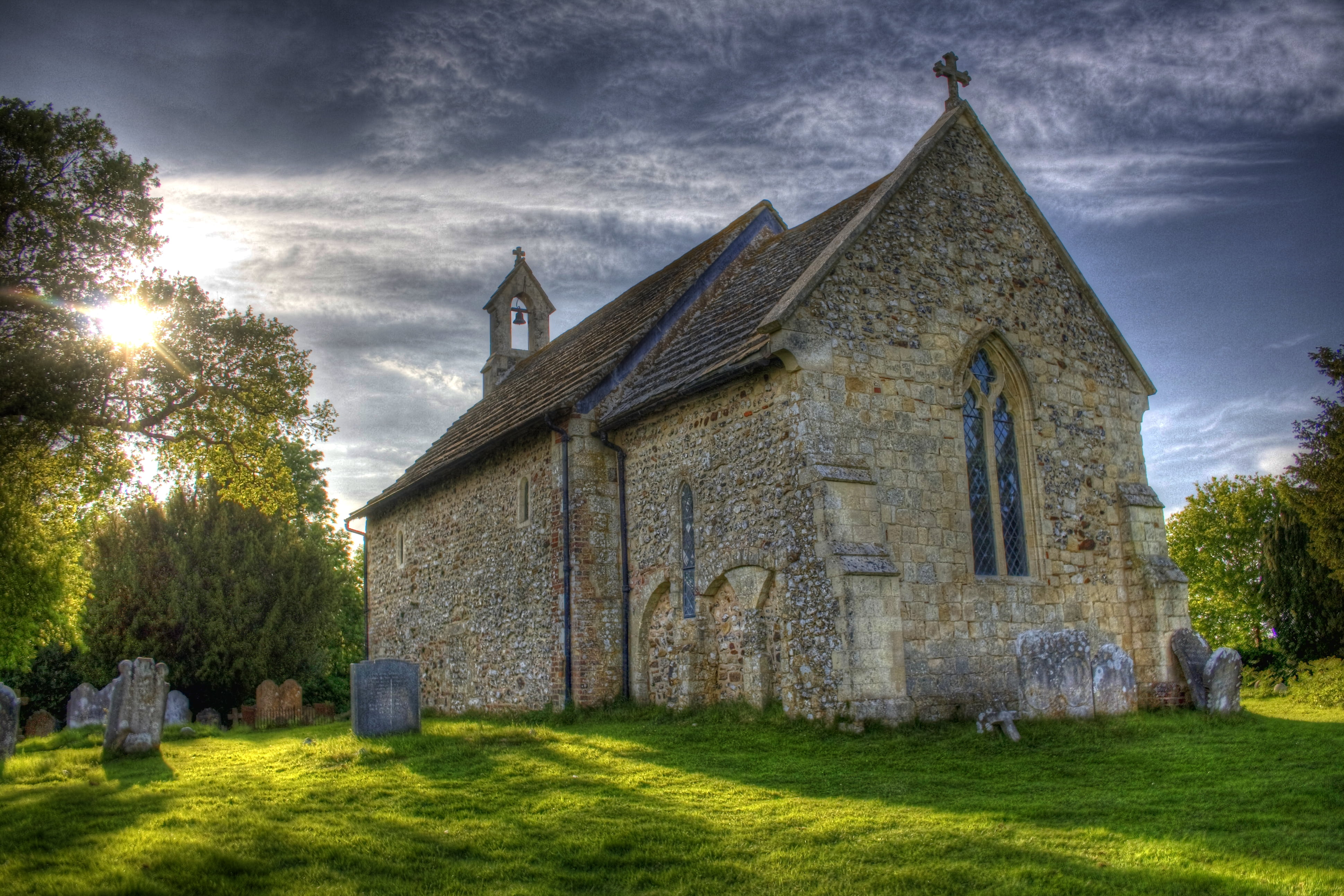 shadows, sunshine, abbey, belief, cloud - sky, headstones, sky, spirituality, built structure, the past, church, stone building, grave, tombstones, grass, HD Wallpaper