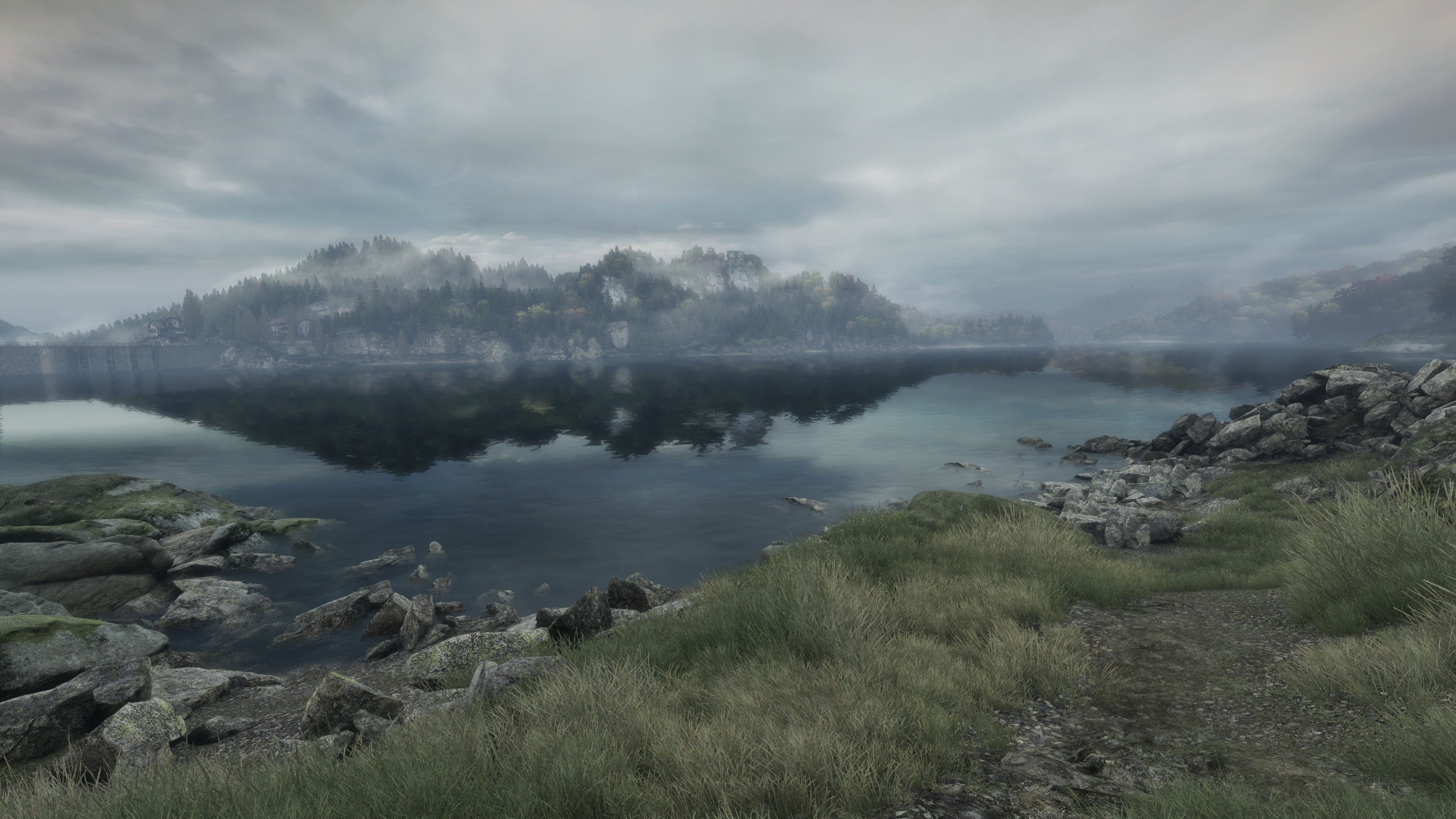 non-urban scene, outdoors, water, video games, nature, no people, tranquility, tree, sky, cloud - sky, grass, lake, The Vanishing of Ethan Carter, 4K, HD Wallpaper