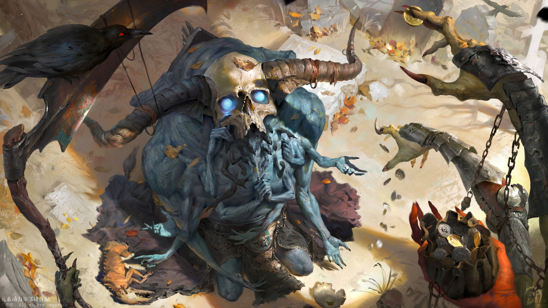 graveyards, crying, leaves, coin, tombstones, crow, tears, 1080P, Court of the Dead, dom Xi, demon, fantasy art, scythe, HD Wallpaper