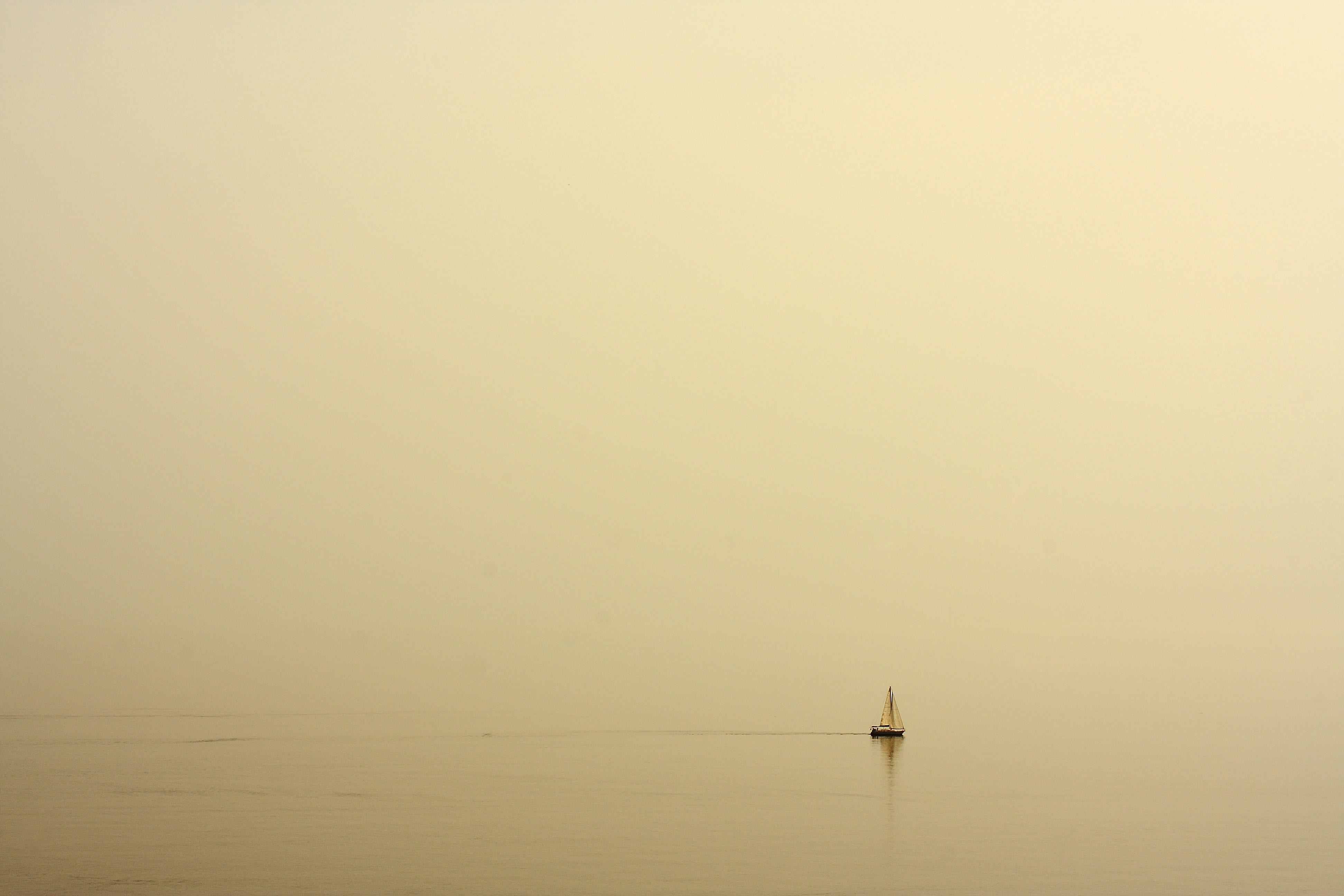 sailboat, beauty in nature, background, tranquility, melancholic, beautiful, yellow, daytime, autumn, waterfront, sea, loneliness, fog, sailing, gone, horizon, HD Wallpaper