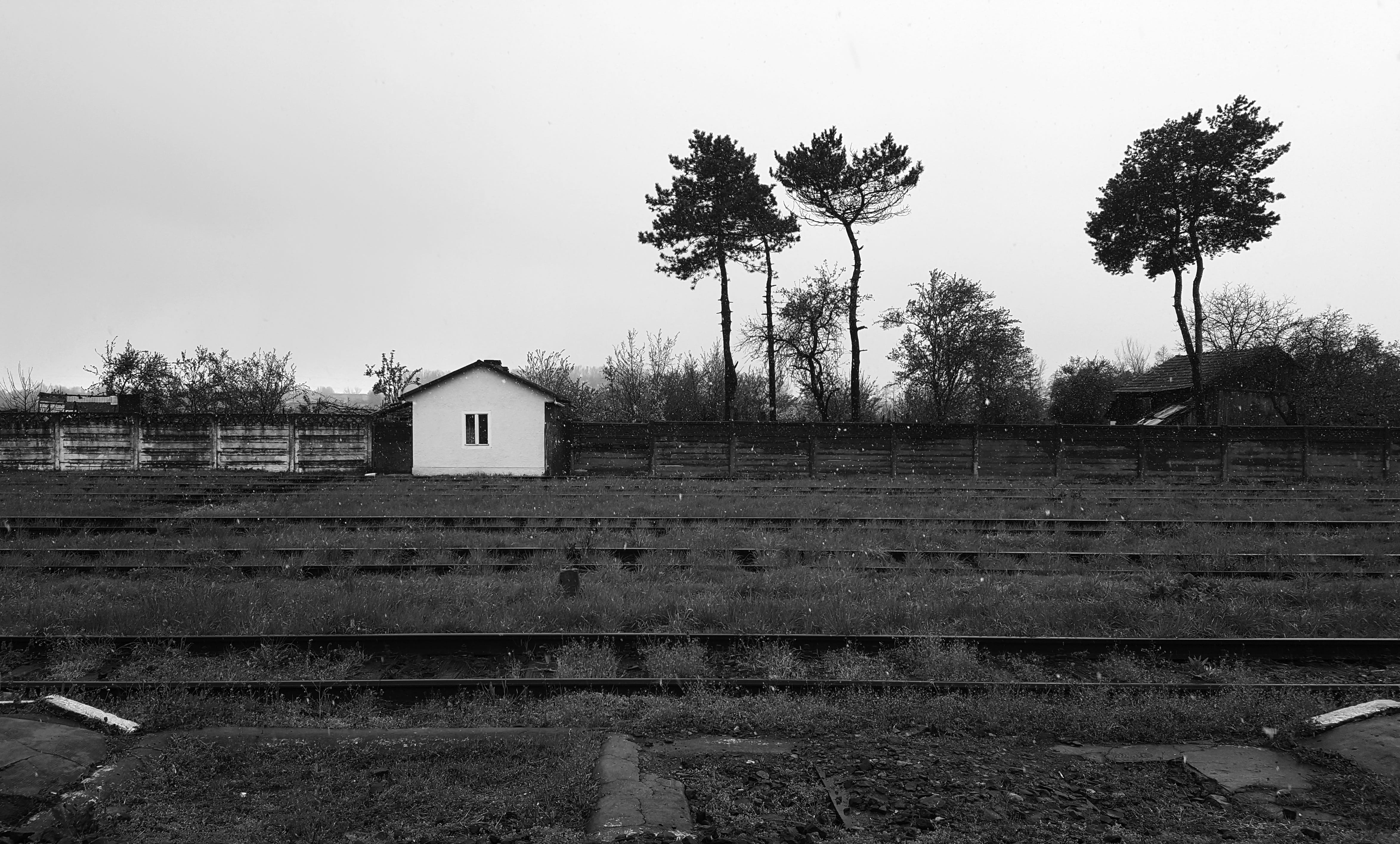 melancholic, 4K, romania, day, lonely, farm, fagaras, abandoned train station, outdoors, plant, environment, rain, house, building exterior, clear sky, HD Wallpaper