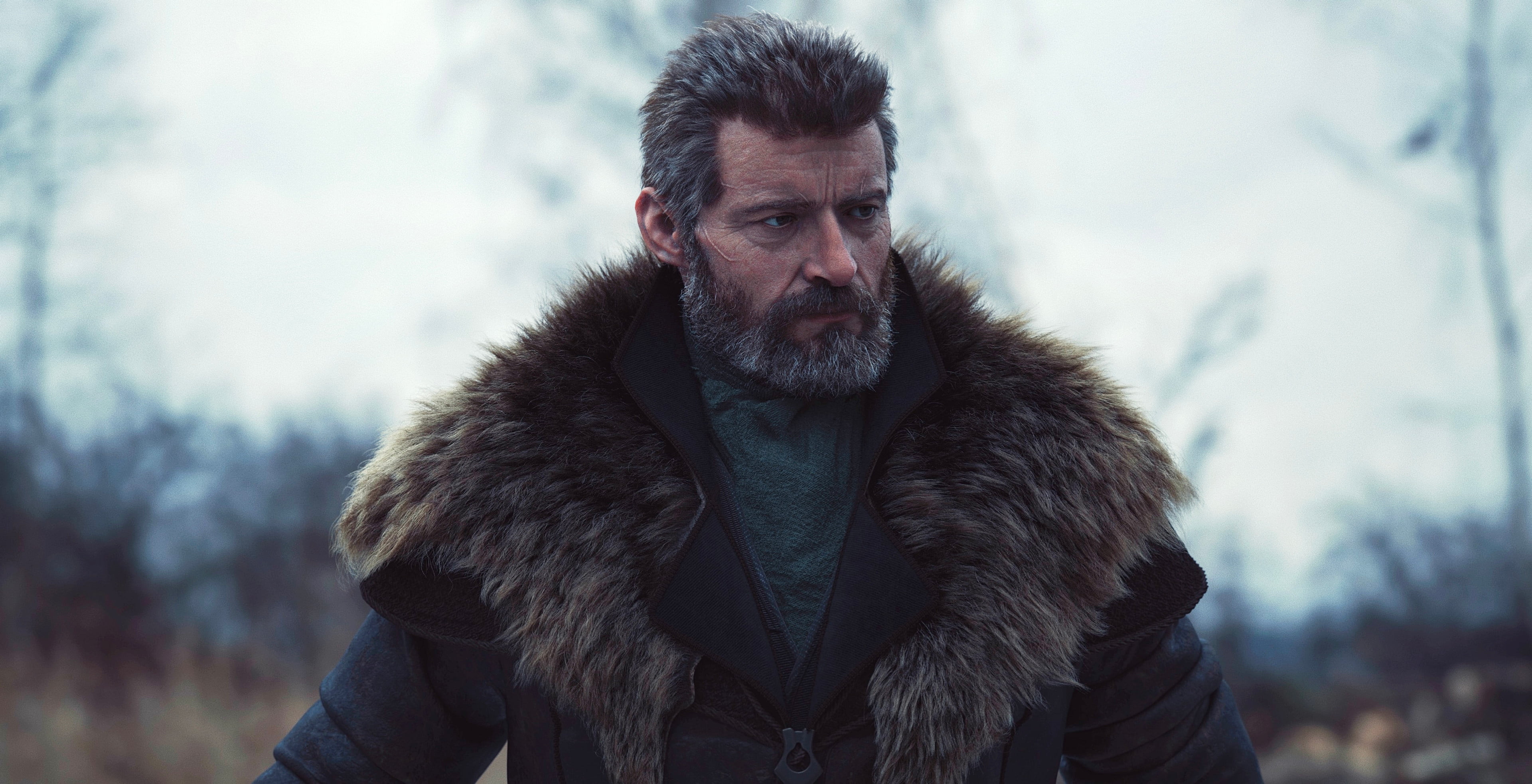 leather jackets, Denys Tsiperko, fur jacket, bounty hunter, ArtStation, CGI, digital art, white hair, Hugh Jackman, 4K, leather clothing, 3D, fan art, HD Wallpaper