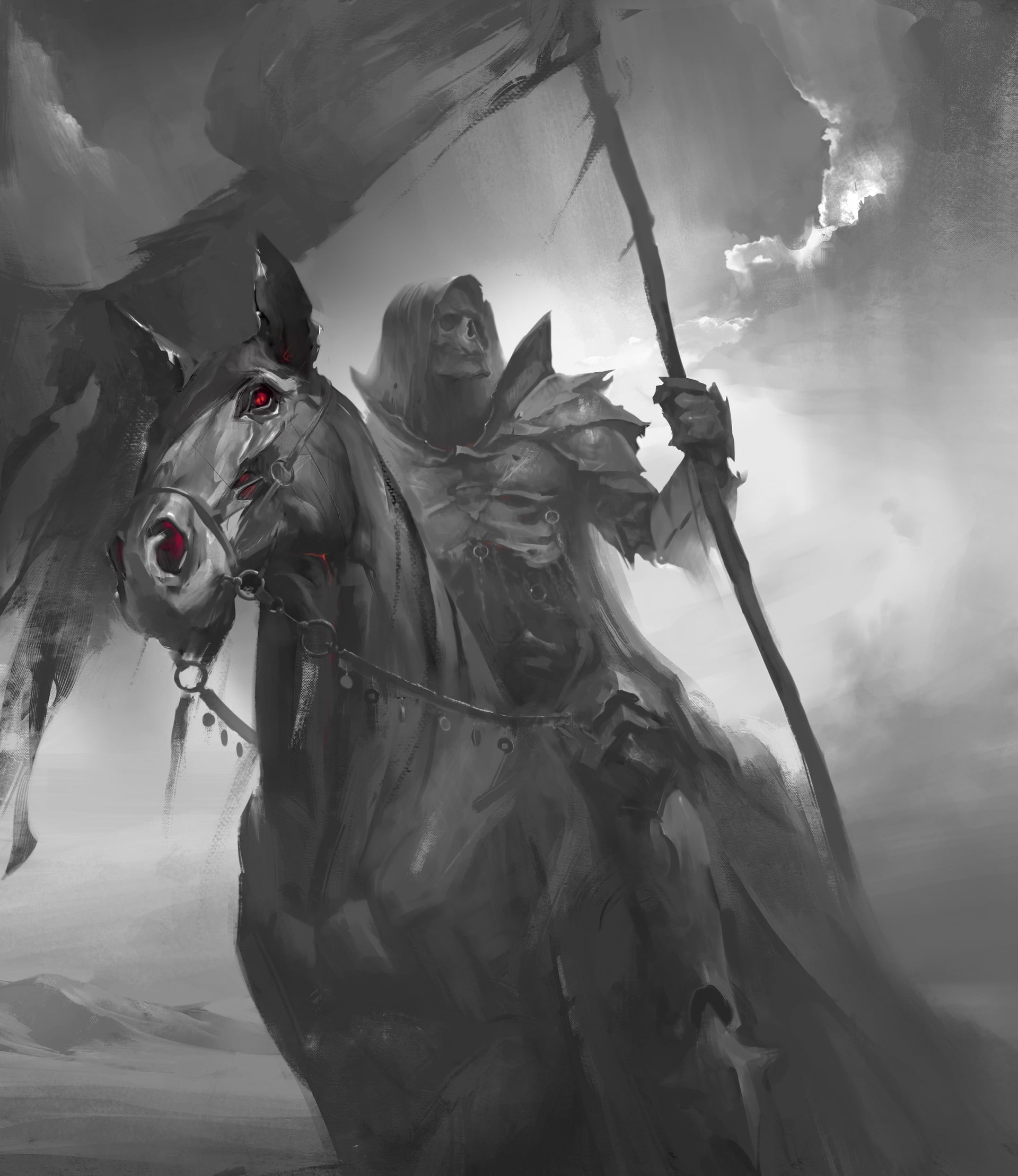 drawing, horseman, monochrome, death, 1080P, Phone HD Wallpaper
