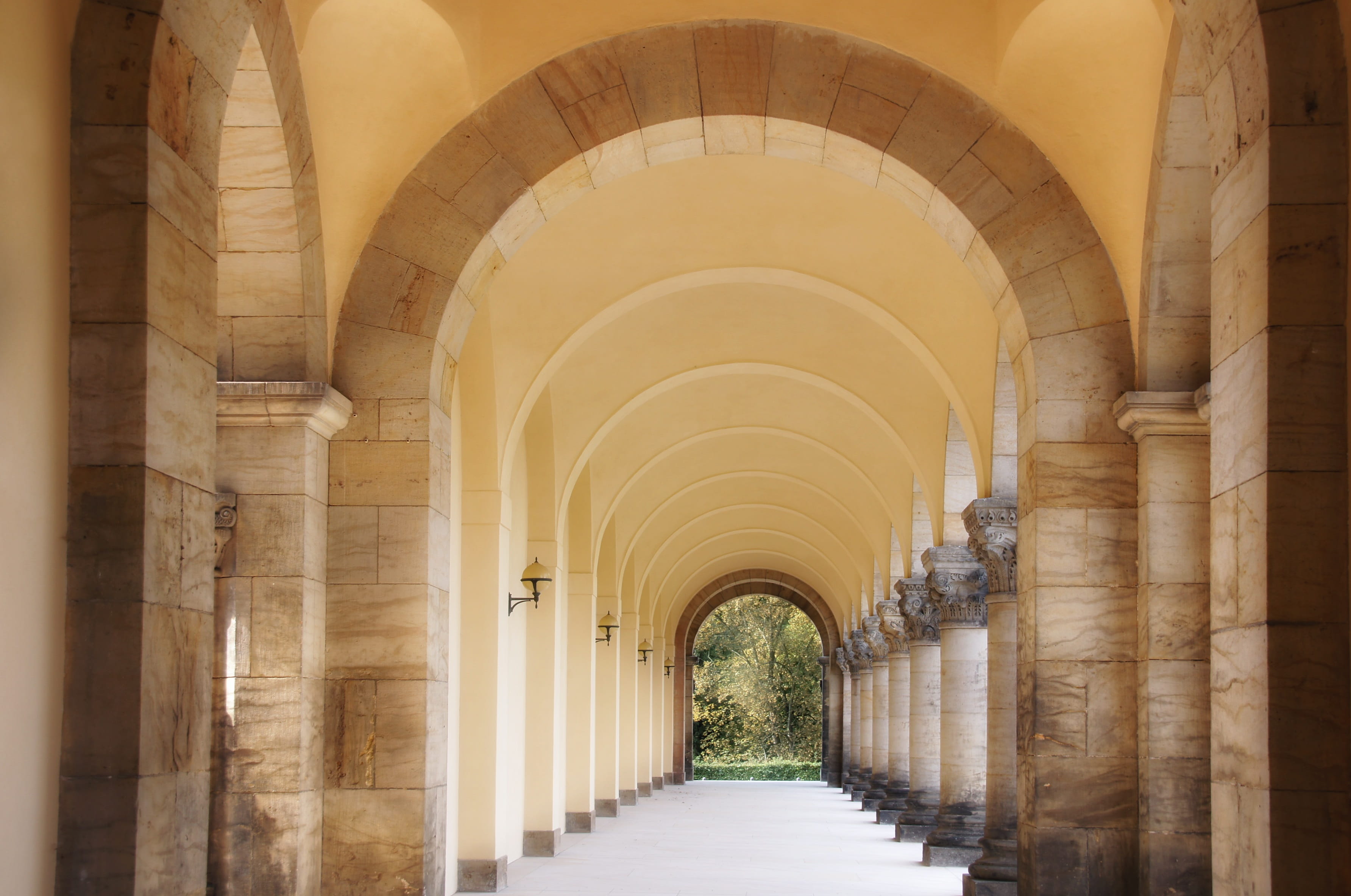 leading, architectural column, forest, building, architecture, day, repetition, indoors, corridor, arcade, travel destinations, arch, in a row, Leipzig, HD Wallpaper