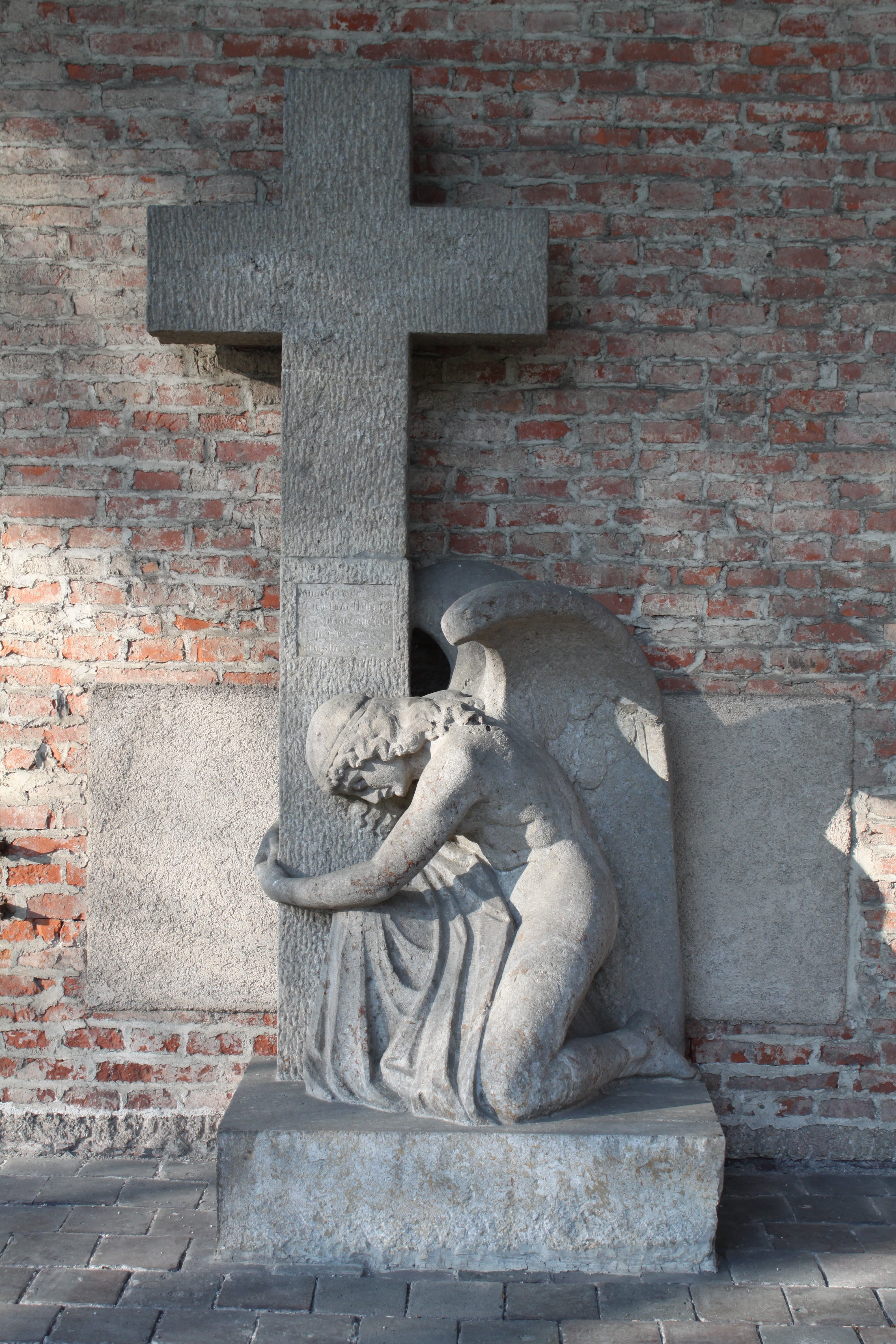 no people, wall - building feature, human representation, day, architecture, cross, angel, munich, craft, stone, christian, southern cemetery, old, religion, Phone HD Wallpaper