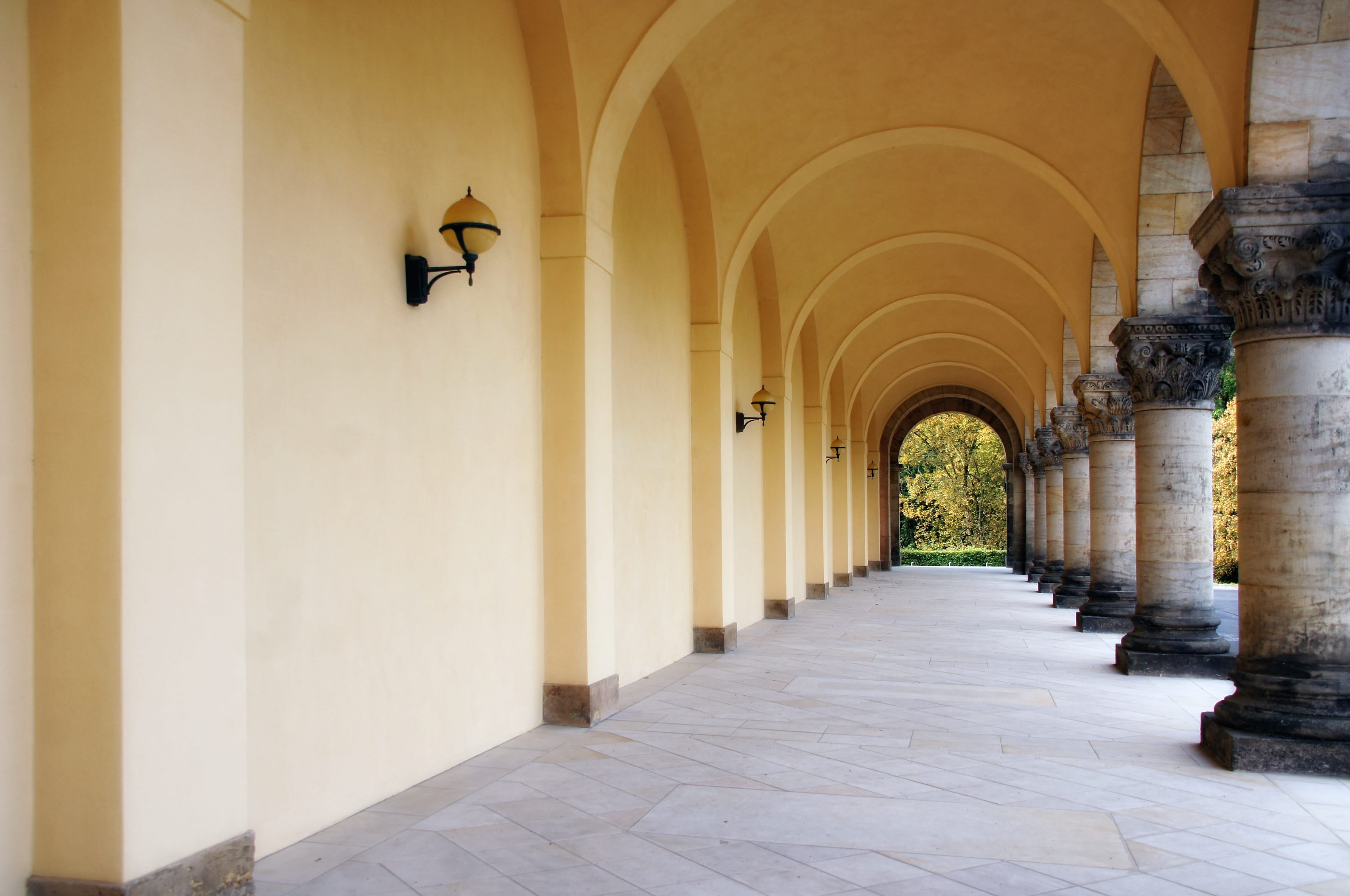 built structure, lighting equipment, leipzig, empty, electric lamp, colonnade, crematorium, flooring, direction, architecture, in a row, archway, corridor, HD Wallpaper