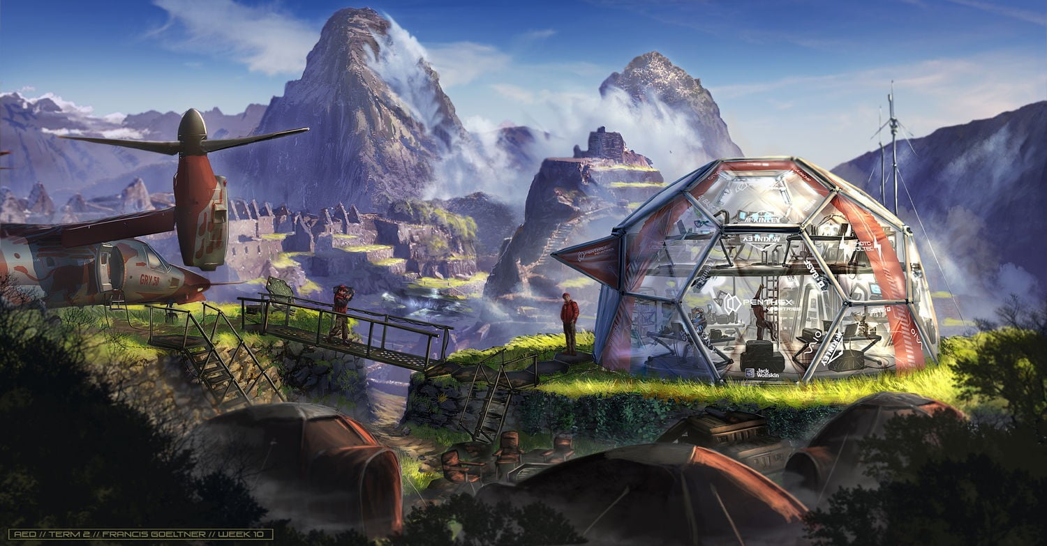 building exterior, science fiction, day, outdoors, nature, no people, digital art, mountain, Francis Goeltner, tranquil scene, 720P, concept art, futuristic, HD Wallpaper