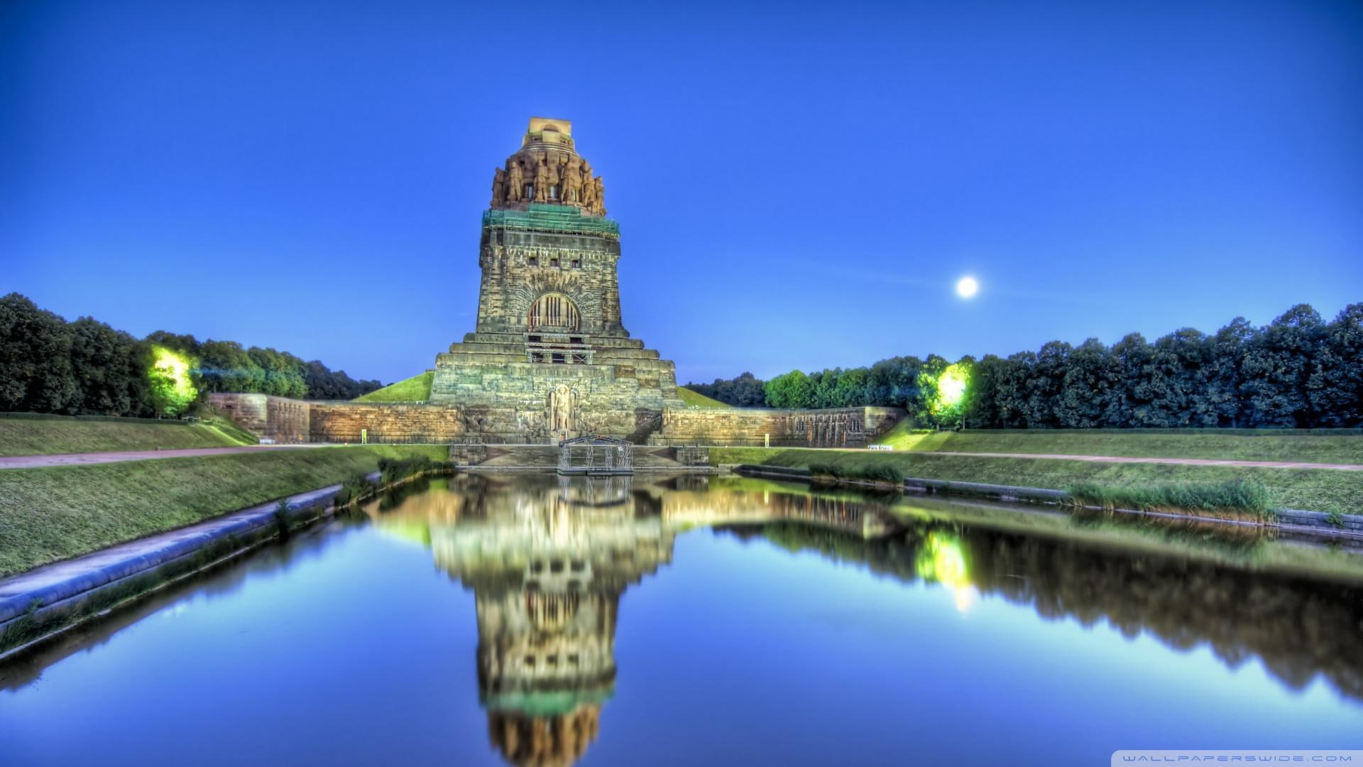 moon, mausoleum, gray, building, germany, pool, trees, nature and landscapes, 1080P, concrete, hdr, leipzig, HD Wallpaper