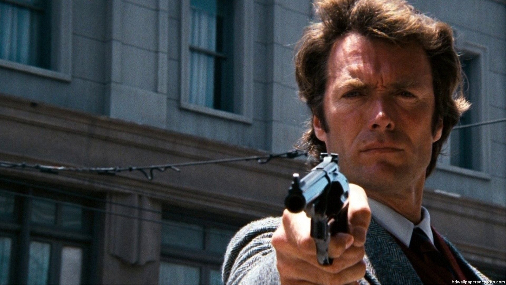 holding, portrait, weapon, communication, handgun, city, Clint Eastwood, aggression, headshot, 1080P, Movie, government, Magnum Force, social issues, technology, HD Wallpaper