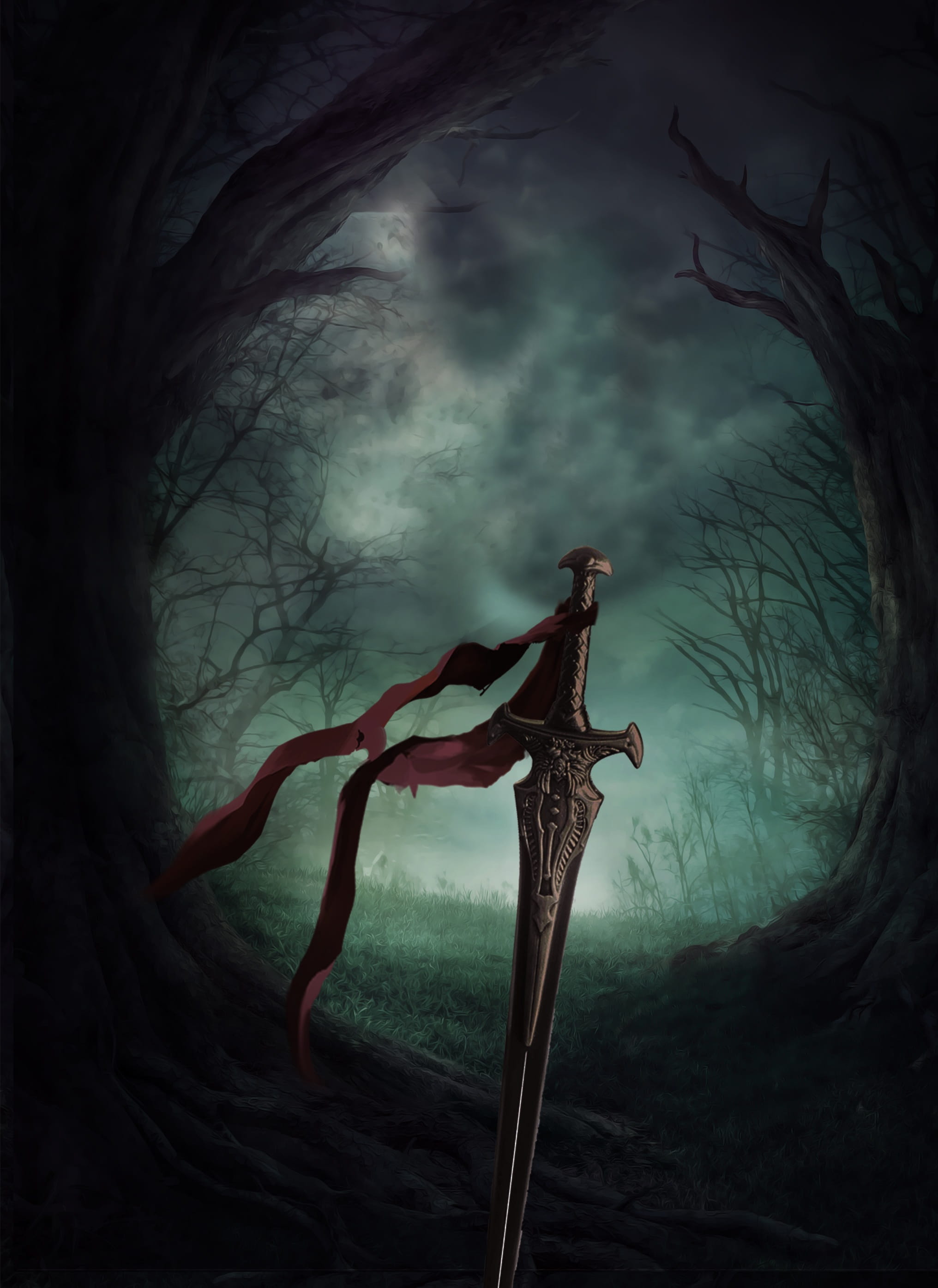spooky, fear, night, trunk, sword, forest, fog, tree, outdoors, death, tranquility, growth, handled, brown, dead plant, halloween, weapon, no people, ground, Phone HD Wallpaper