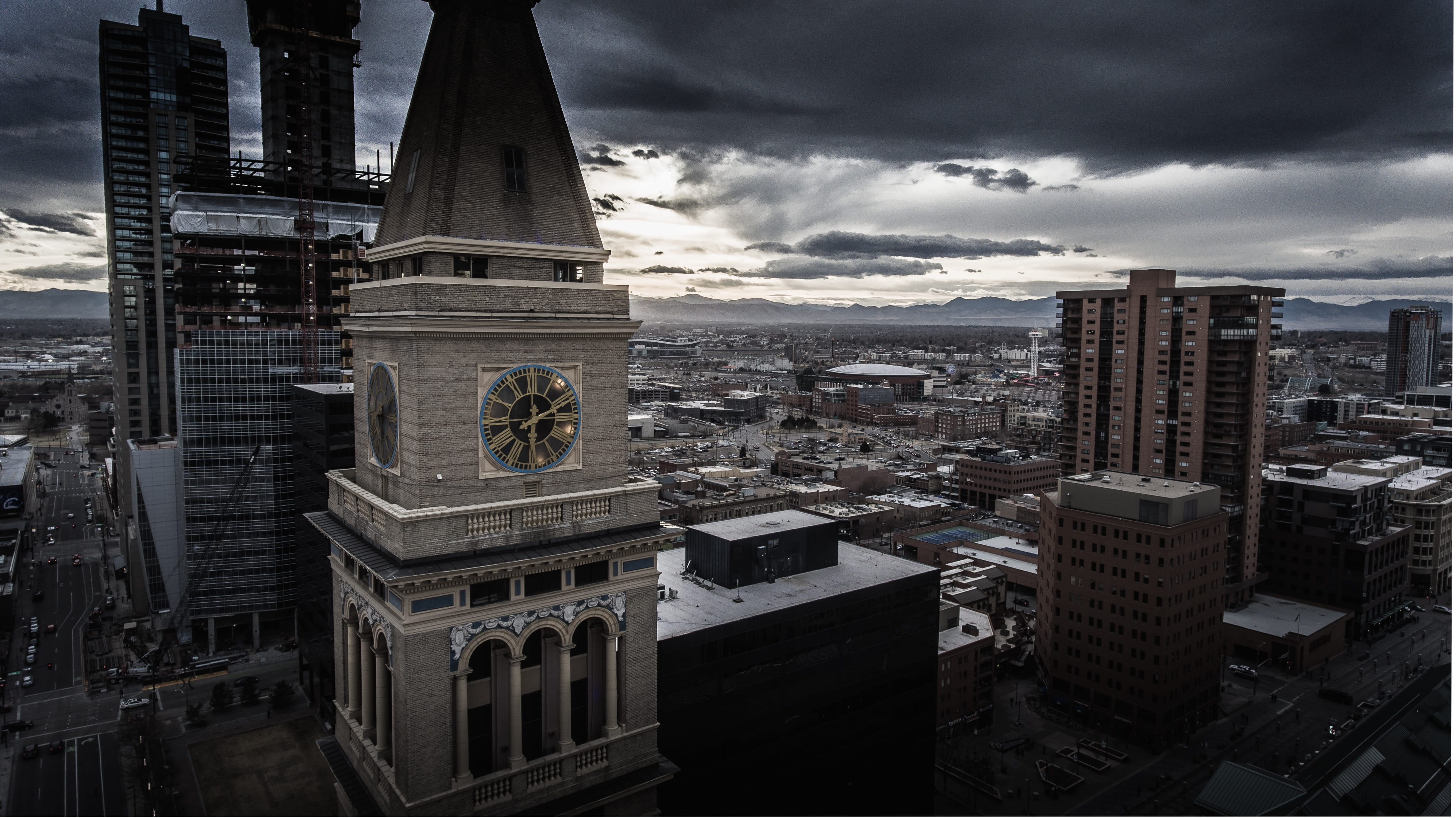 denver, building, landscape, 16th street mall, clocktower, city, skyscraper, colorado, 4K, sunset, architecture, outdoors, no people, office, gloom, sky, HD Wallpaper