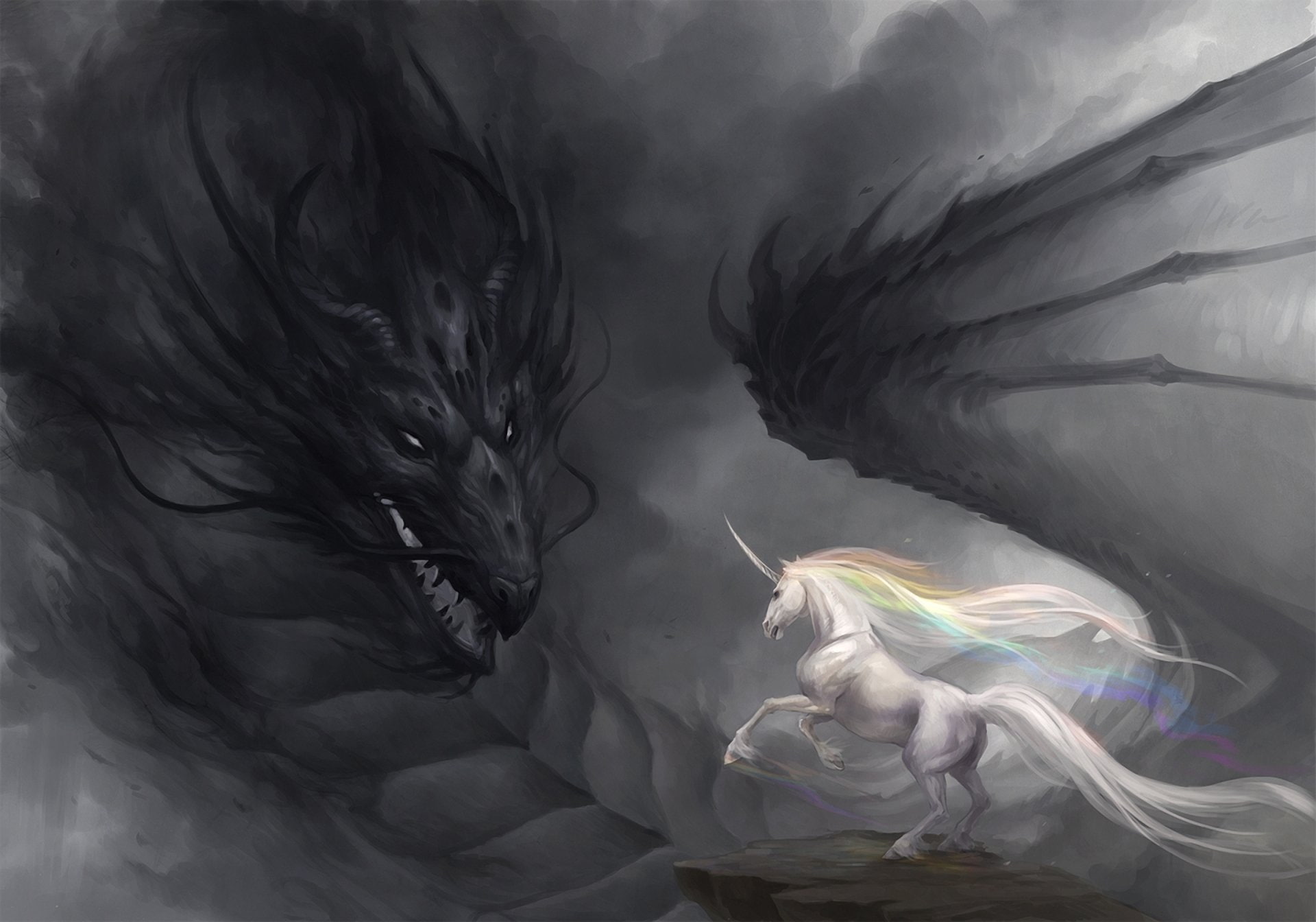 art, dragon, unicorn, 1080P, gloom, rainbow, HD Wallpaper