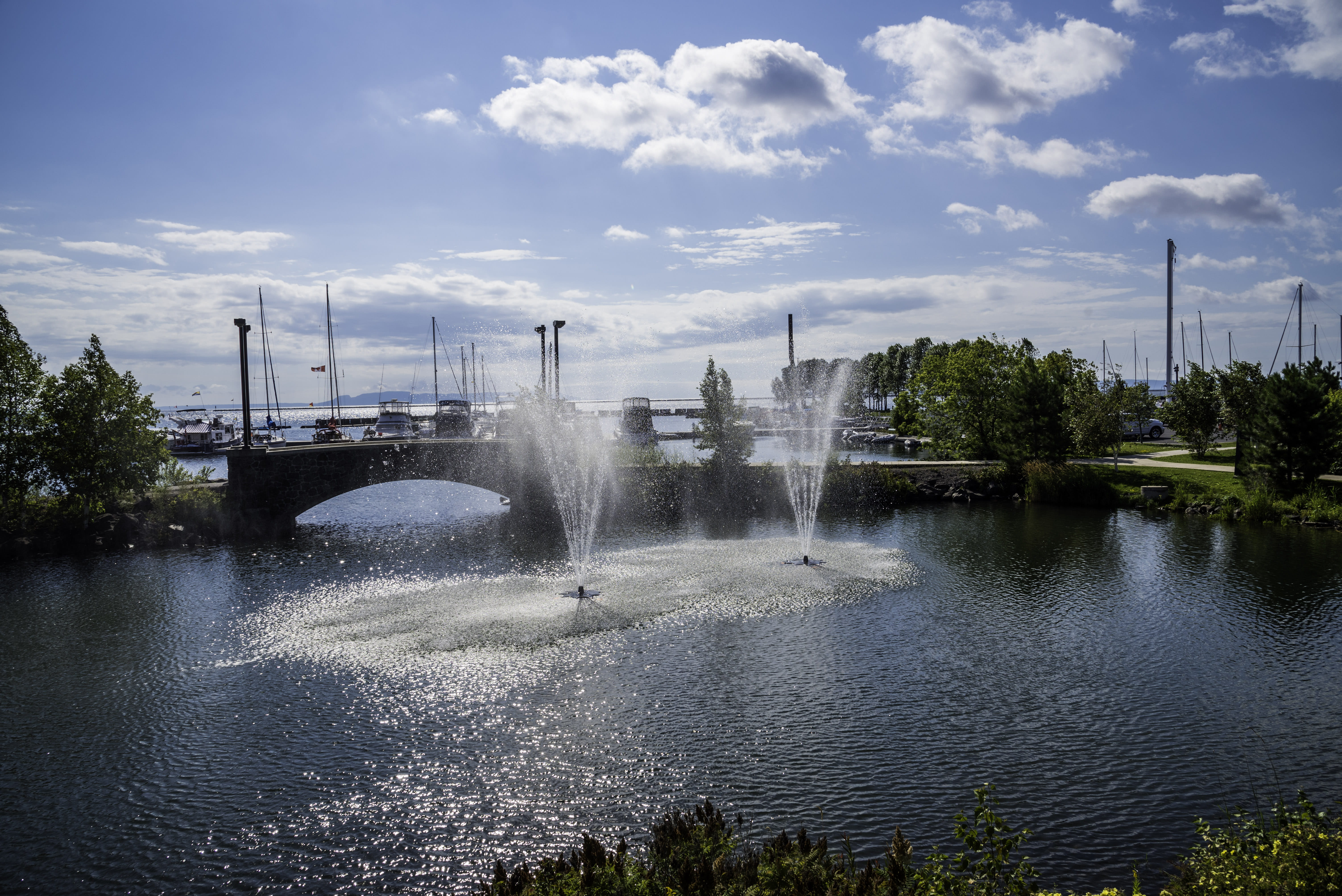 public domain, Thunder Bay, outdoors, sky, foundation, building exterior, bridge, Water Garden, thunder bay, tree, transportation, plant, flowing, thunder, HD Wallpaper