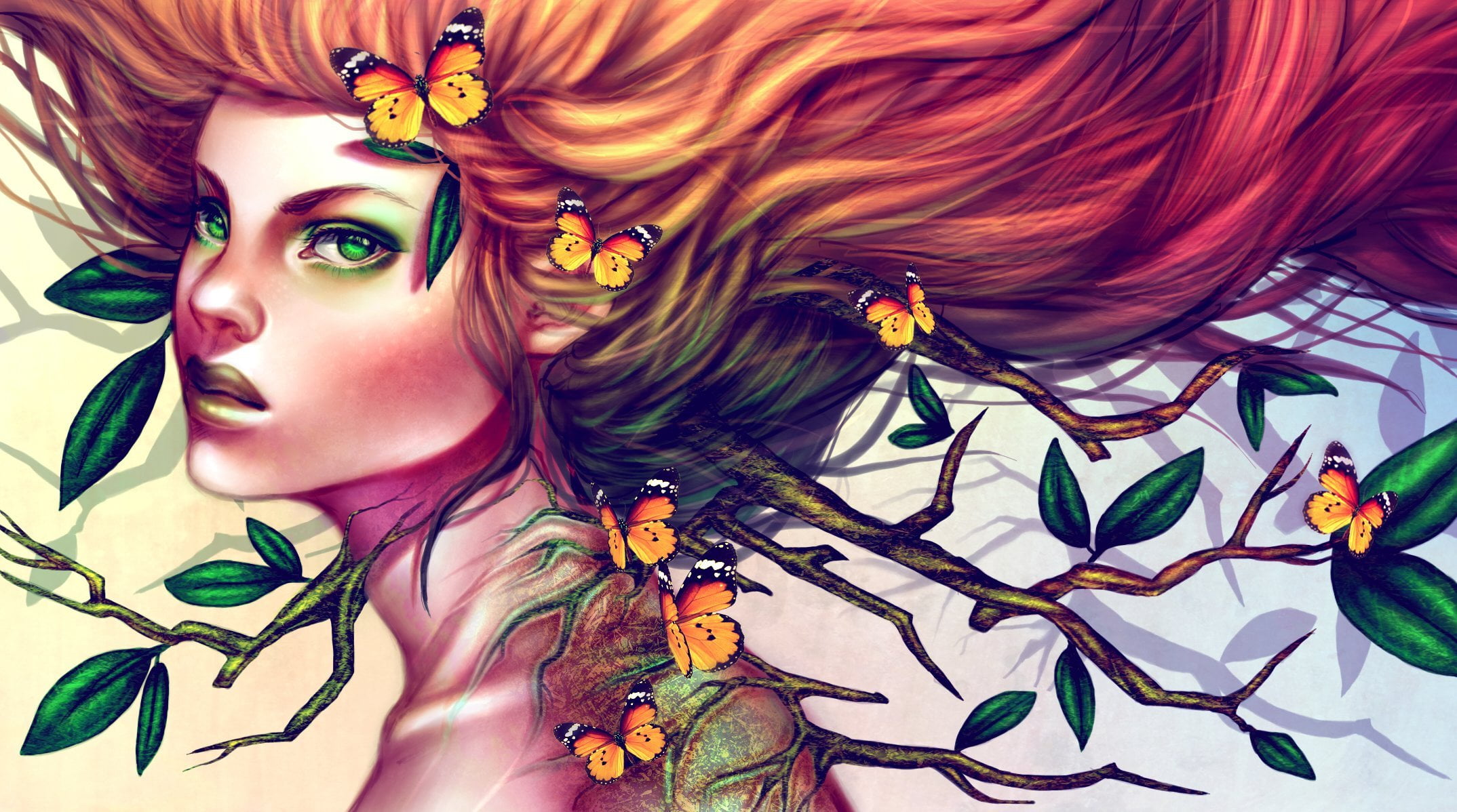 looking at camera, fashion, real people, dyed hair, headshot, branches, adult, lipstick, girl, beautiful woman, young adult, front view, art, eyeshadow, HD Wallpaper