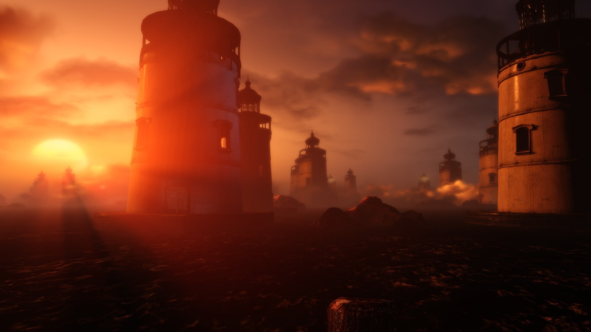 travel destinations, lighthouse, sunset, 1080P, Elizabeth (BioShock), sun rays, tower, outdoors, orange color, history, nature, sky, the past, sun, no people, HD Wallpaper