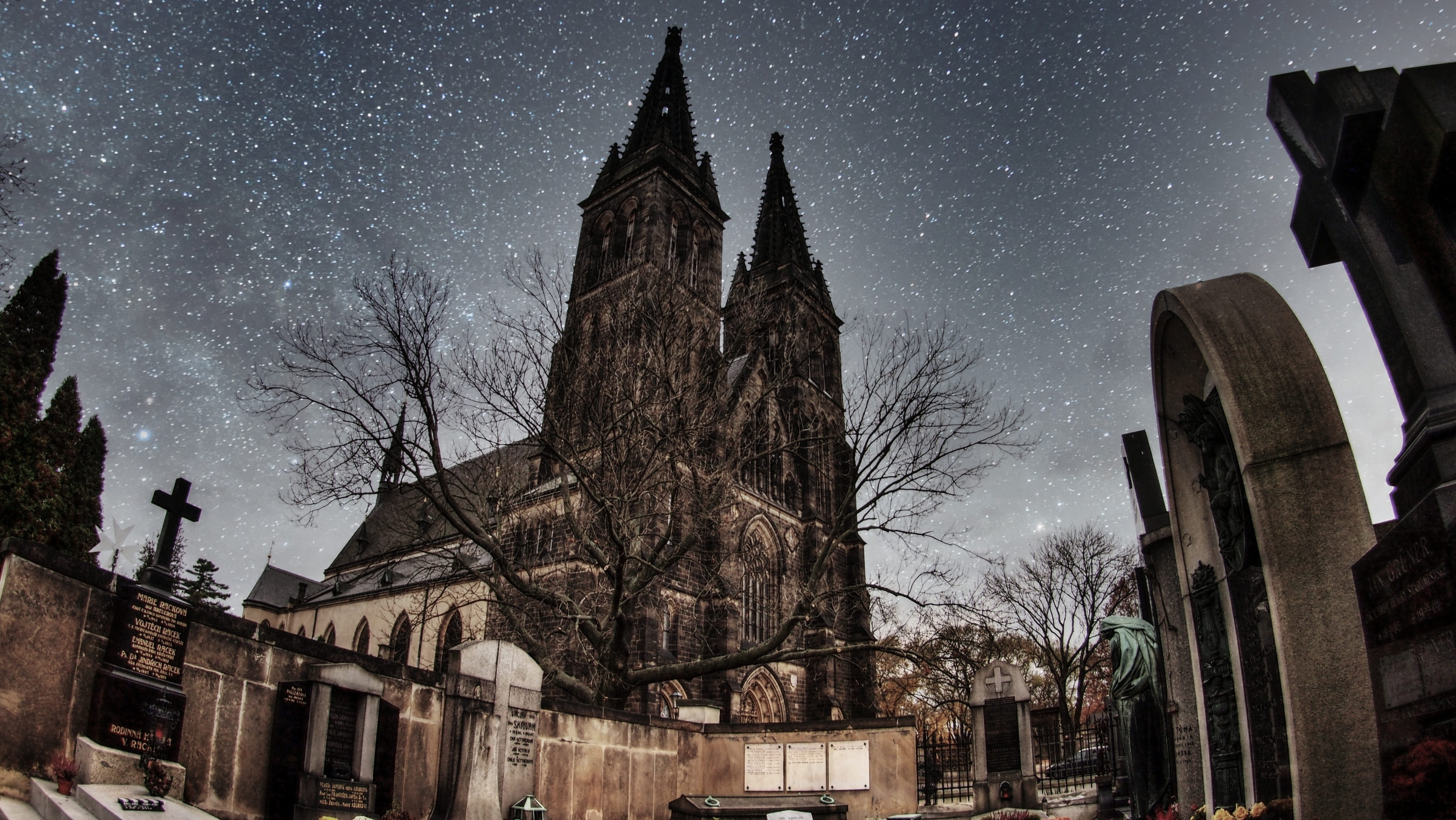 low angle view, built structure, stones, nature, grave, stars, belief, astronomy, place of worship, tree, cemetery, trees, star - space, the tombstones, HD Wallpaper