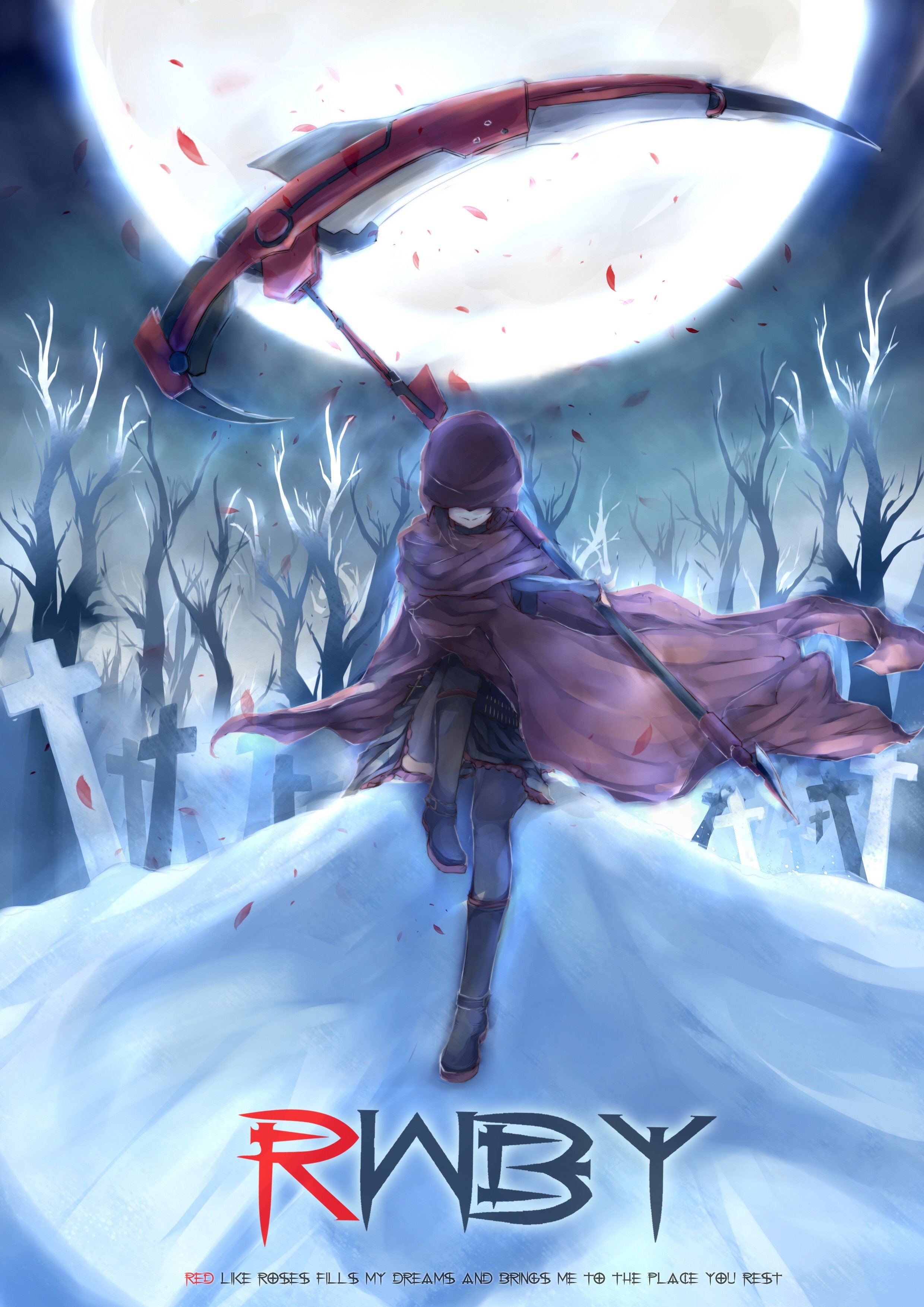 cross, thigh, rwby, ruby, headstone, sitting, snow, jackets, black, night, coat, skirts, forests, anime, skies, scythe, petals, ammunition, hoodies, weapons, Phone HD Wallpaper