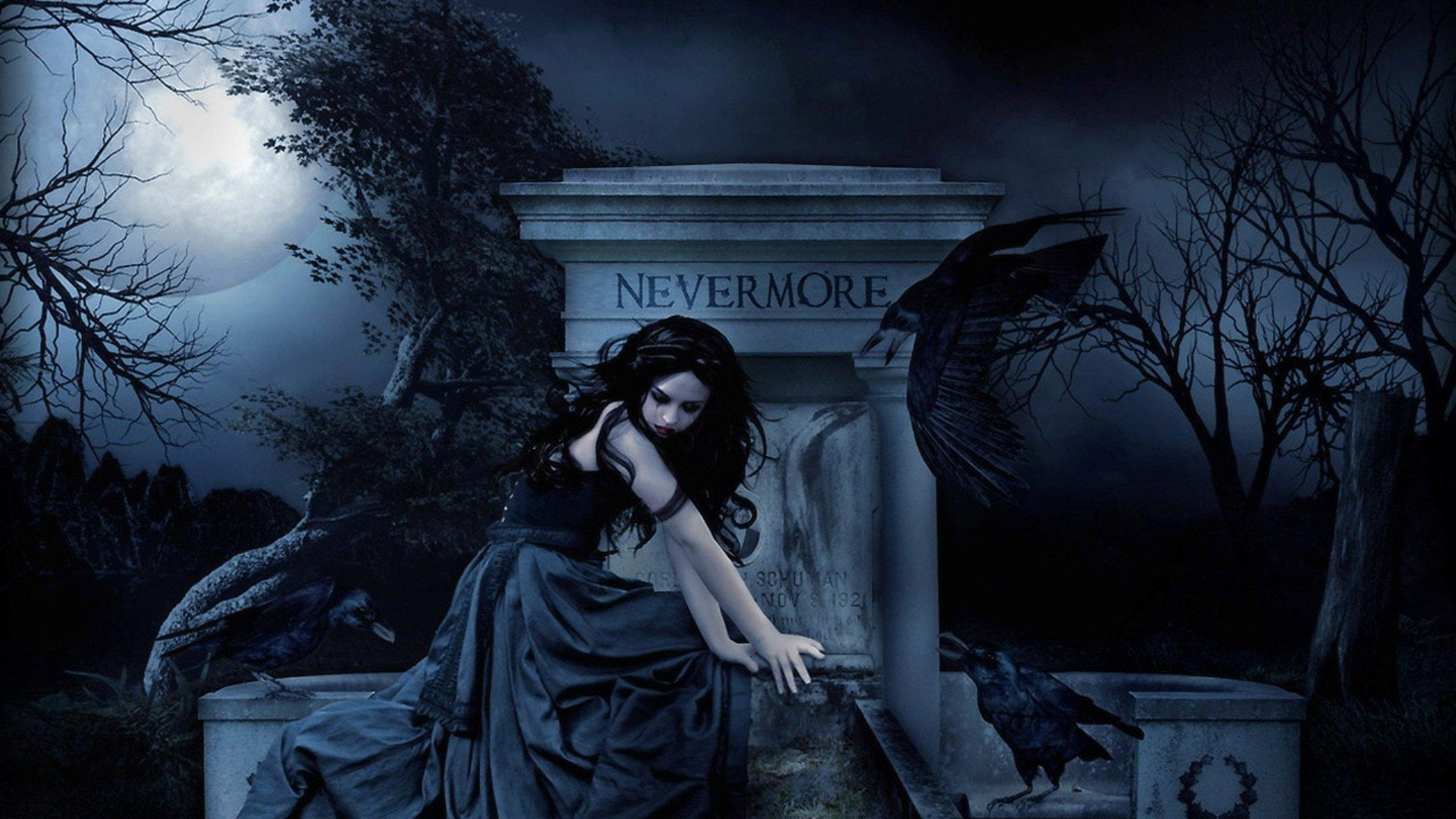 Fantasy, 1080P, Gravestone, Woman, Dark, Black Hair, Gothic, Raven, Moon, HD Wallpaper