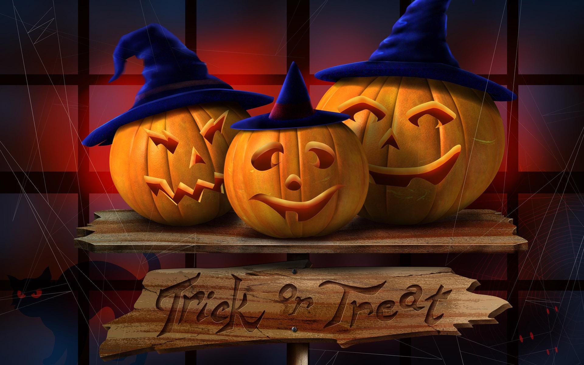 sign, hats, treat, table, pumpkin carvings, faces, 3d and abstract, 1080P, halloween, window, trick, HD Wallpaper