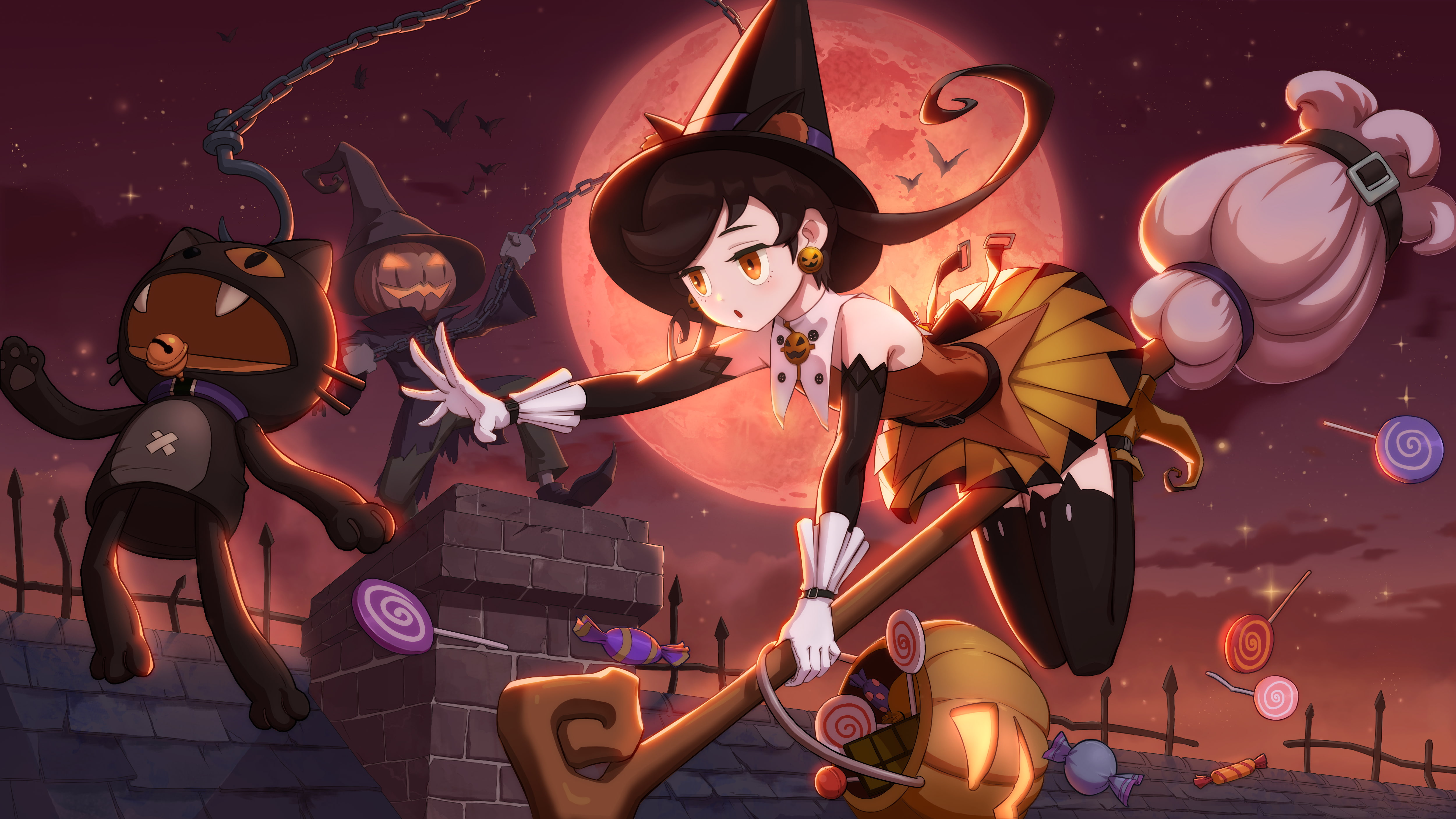 Witch, Trick Or Treat, 4K, Original, Pumpkinhead, Anime, Night, Halloween, HD Wallpaper