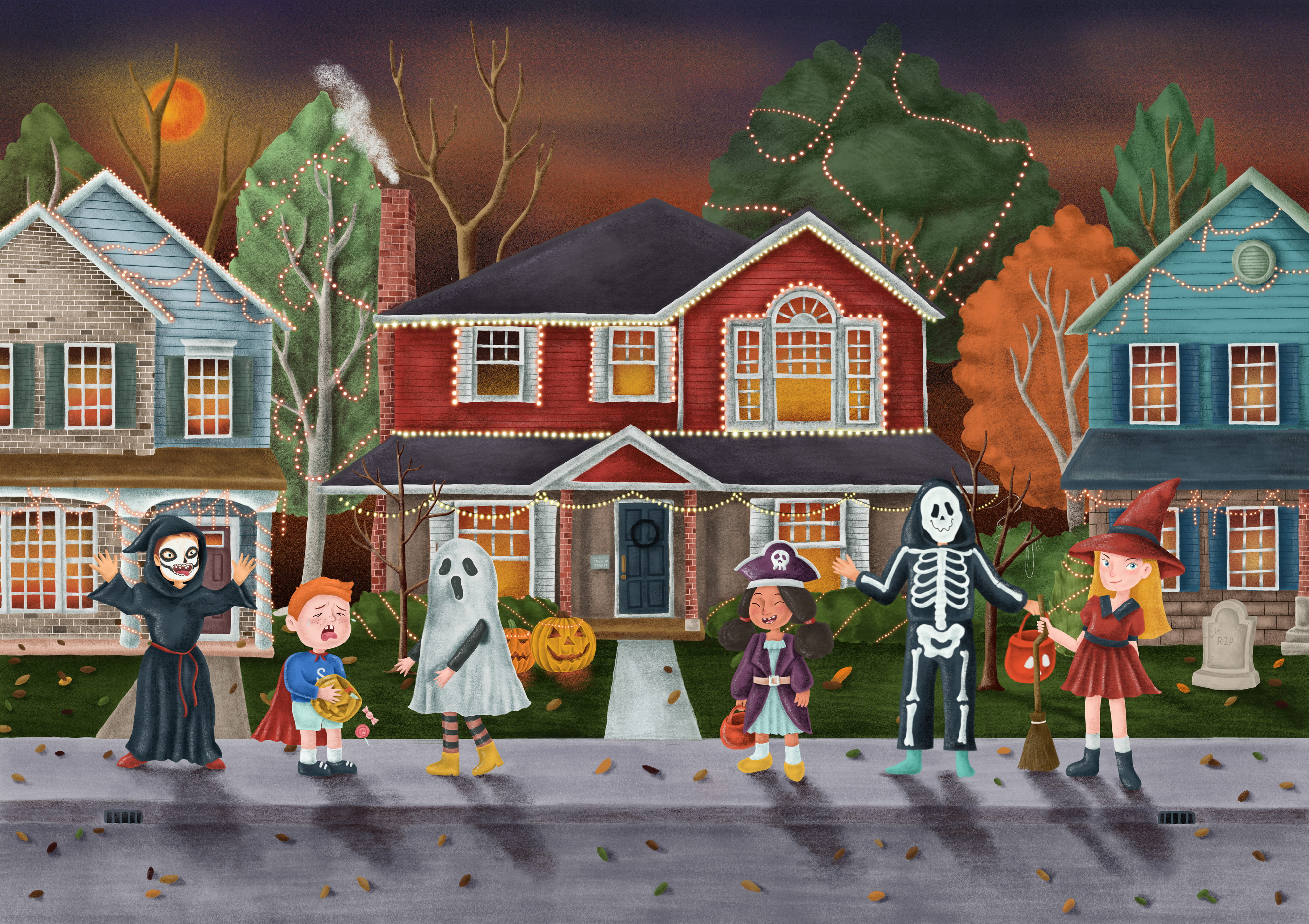 multi colored, lantern, illustration, mural, spooky, group, houses, art, happiness, graphic, group of people, ghost, offspring, building exterior, residential district, HD Wallpaper