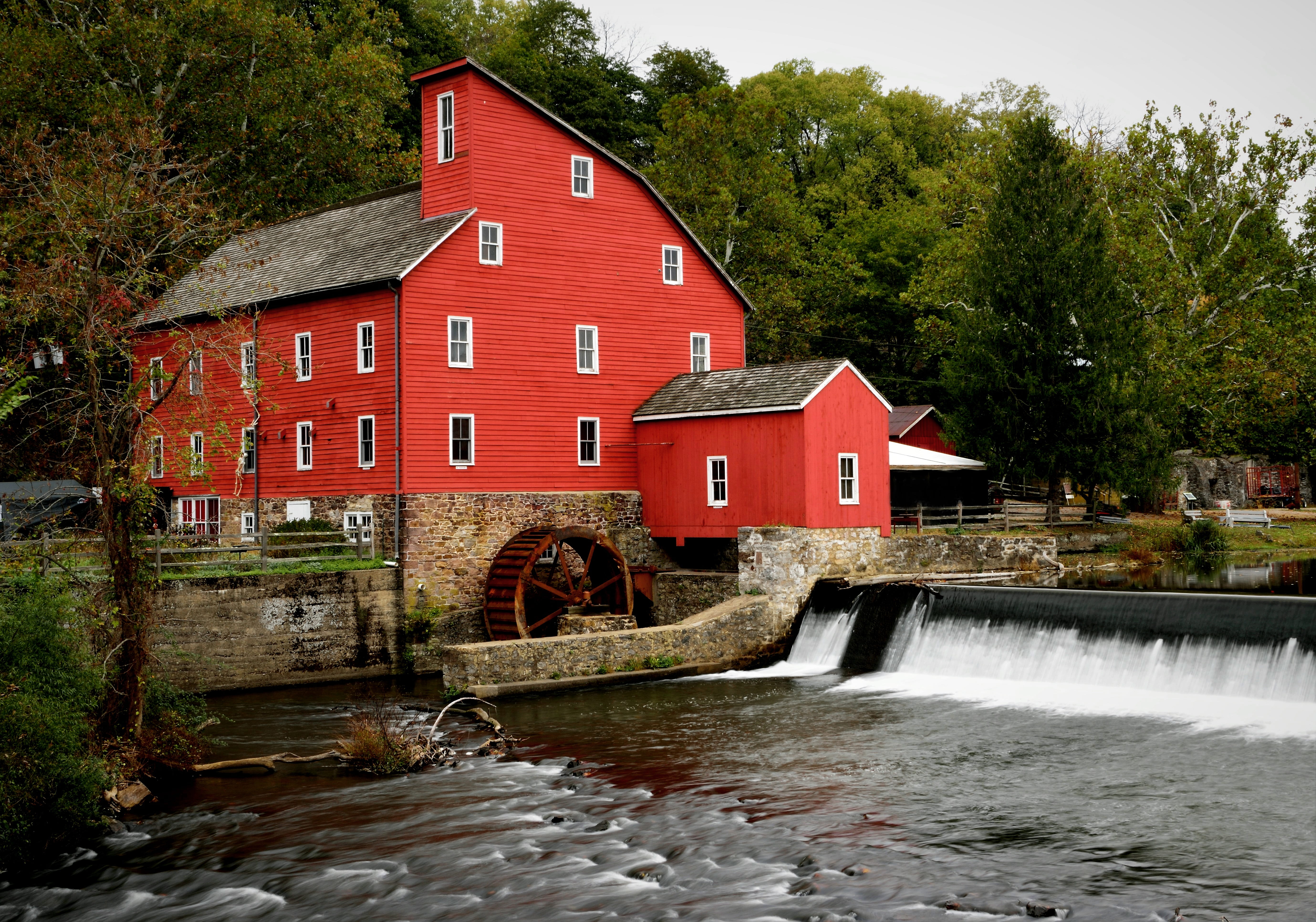 flowing, waterfall, outdoors, landscape, red, water, plant, vintage, flowing water, building exterior, nature, no people, tree, red mill, long exposure, HD Wallpaper