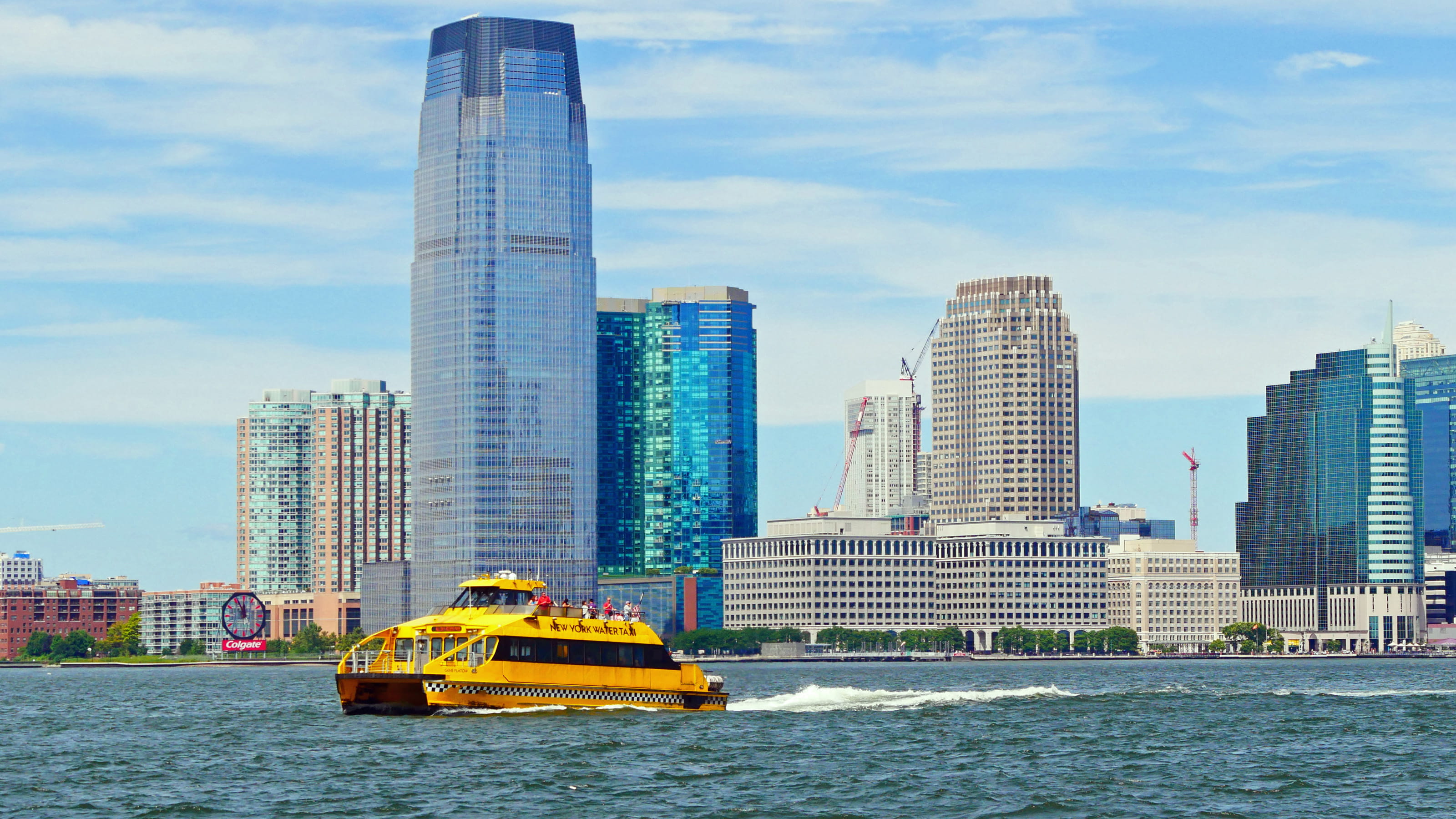 nj, hudson river, skyscraper, yellow, waterfront, downtown, tourism, nyc, hudson, colgate clock, building, nature, cruises, harbor, river, financial district, HD Wallpaper